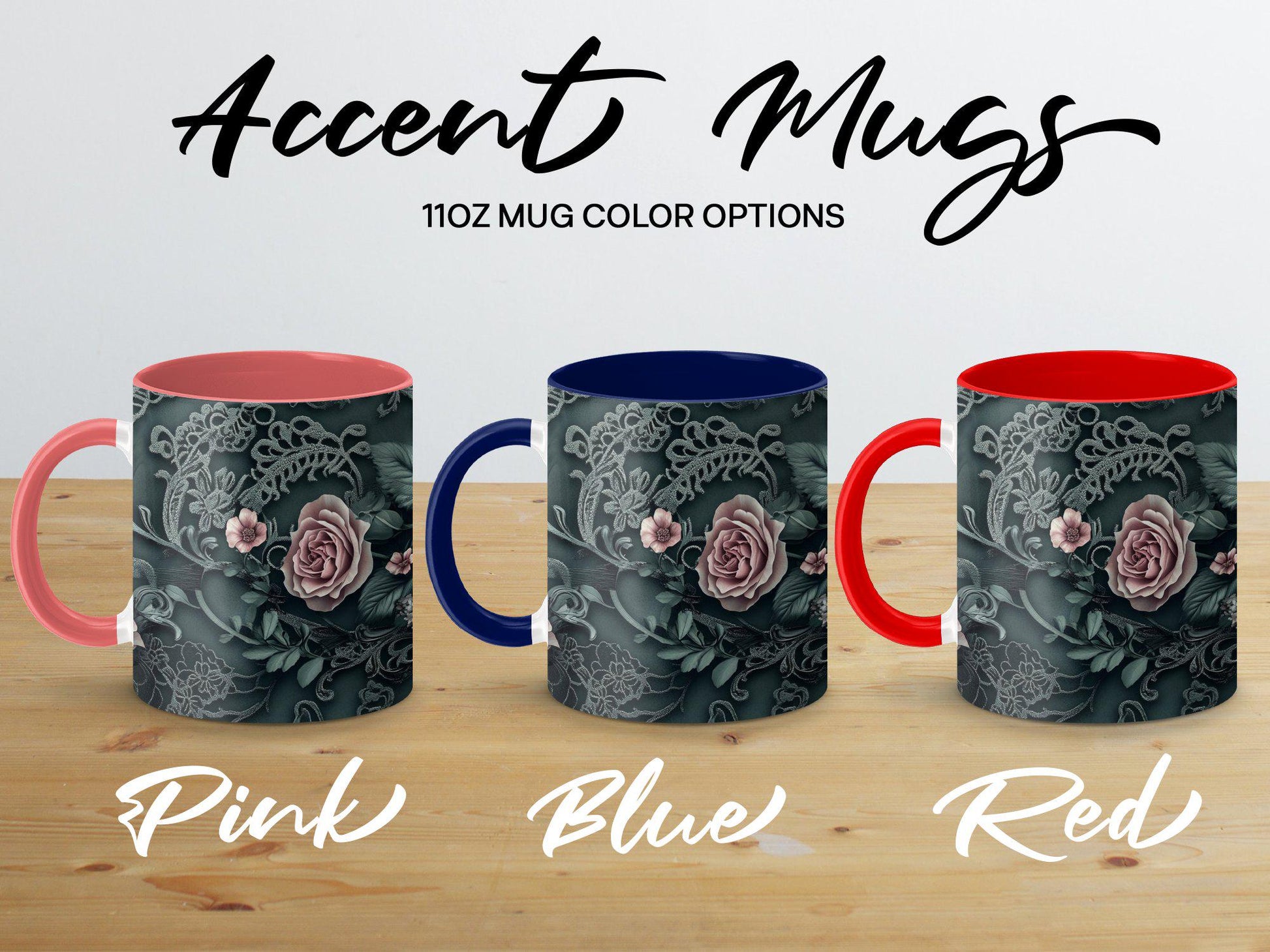 Dark Green Floral Lace Mug, Elegant Coffee Cup, 11oz & 15oz Ceramic Mug, White or Accent Colors, Romantic Gift Idea