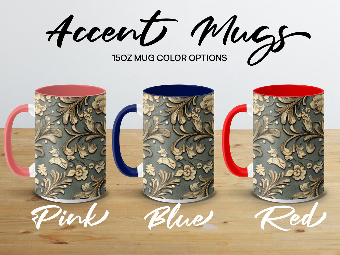 Gold Ornamental Floral Mug, Elegant Coffee Cup, 11oz & 15oz Ceramic Mug, White or Accent Colors, Luxury Gift Idea