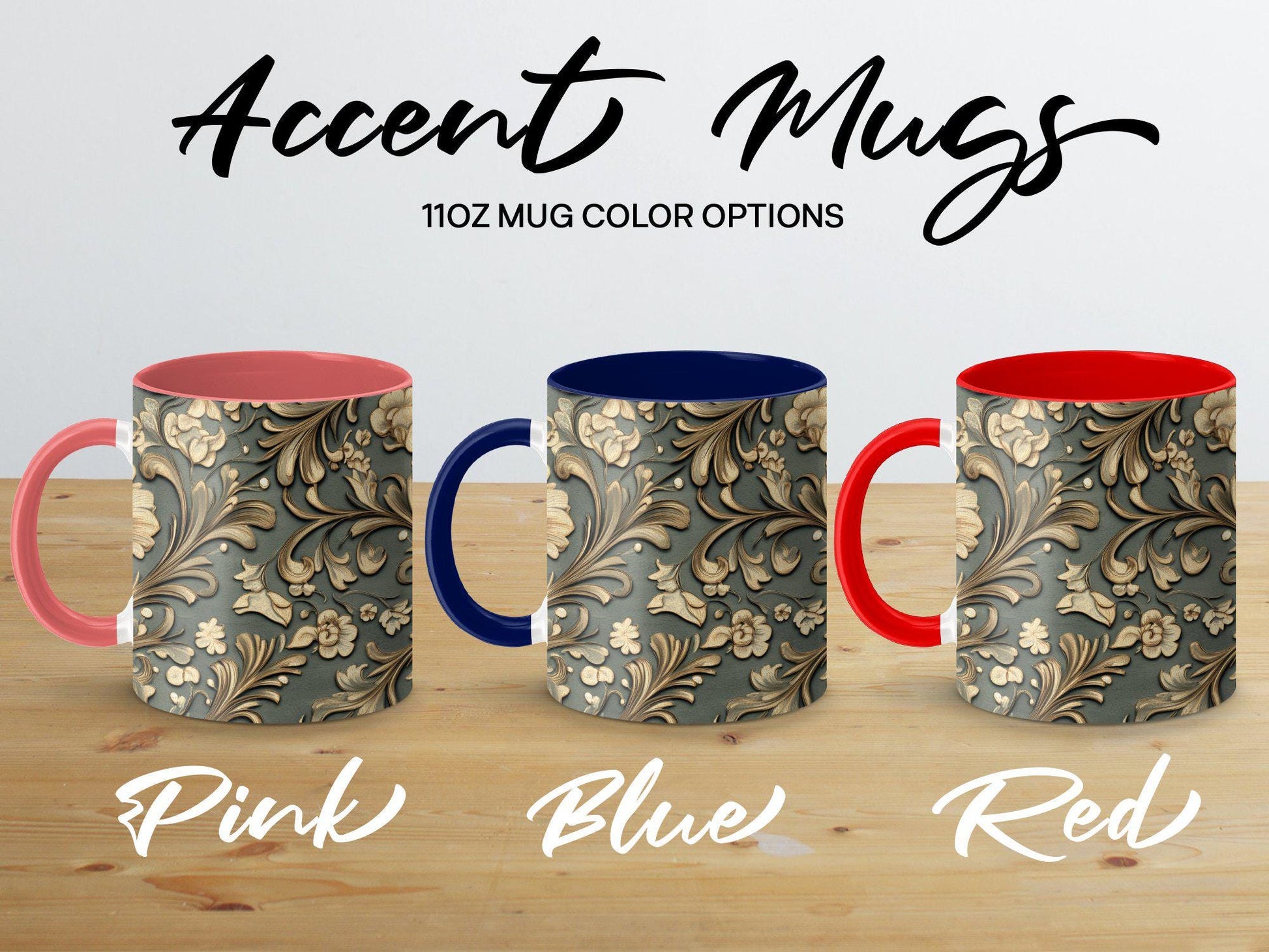 Gold Ornamental Floral Mug, Elegant Coffee Cup, 11oz & 15oz Ceramic Mug, White or Accent Colors, Luxury Gift Idea