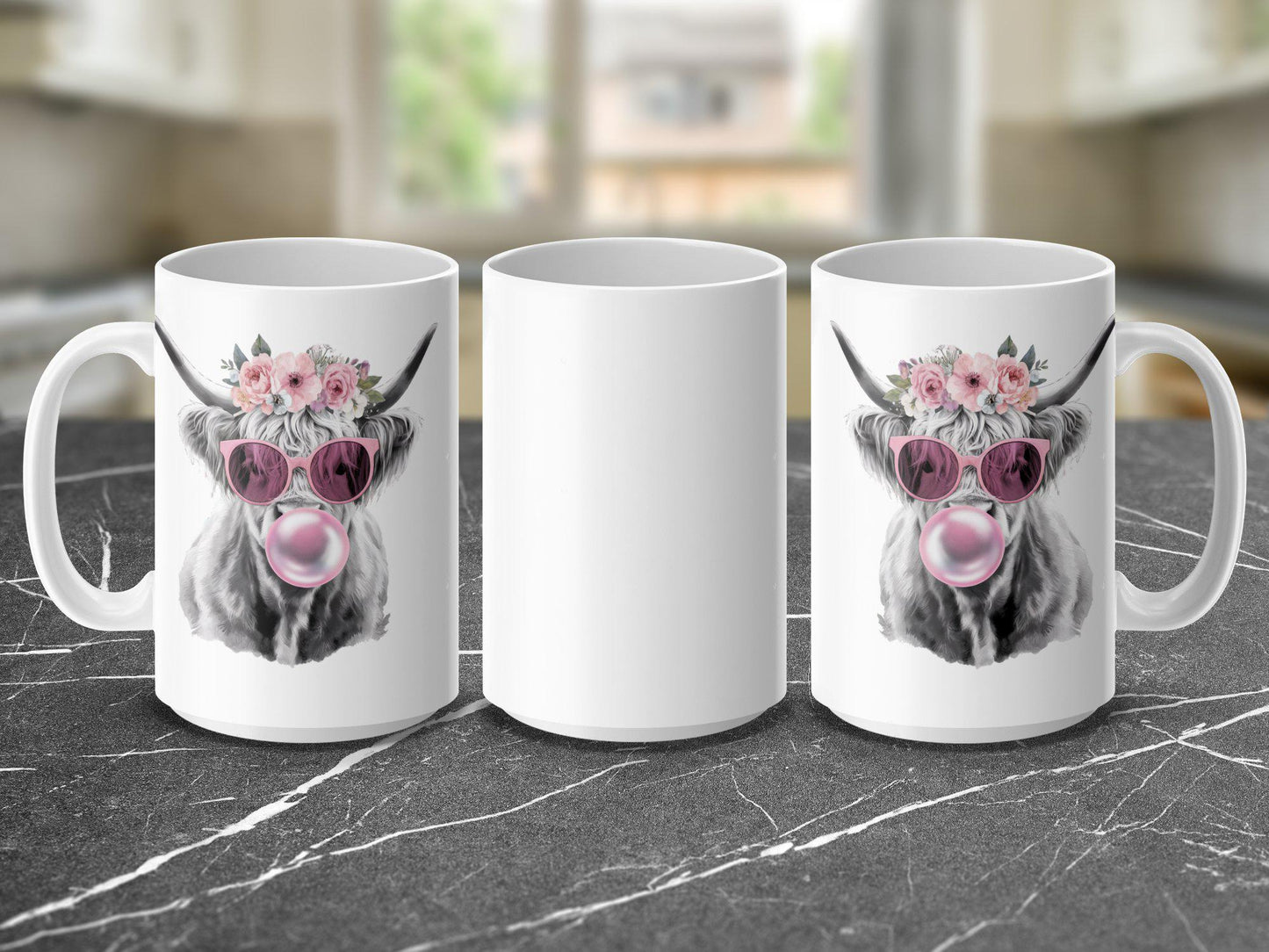 Highland Cow Mug with Flower Crown, Bubblegum Art Coffee Cup, 11oz & 15oz Ceramic Mug, Unique Farm Animal Gift