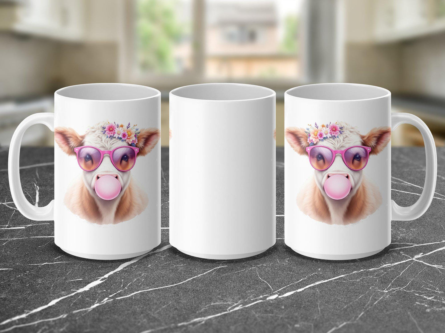 Floral Cow with Sunglasses Mug, Adorable Bubblegum Design, 11oz & 15oz Ceramic Mug, Fun Farm Animal Coffee Cup