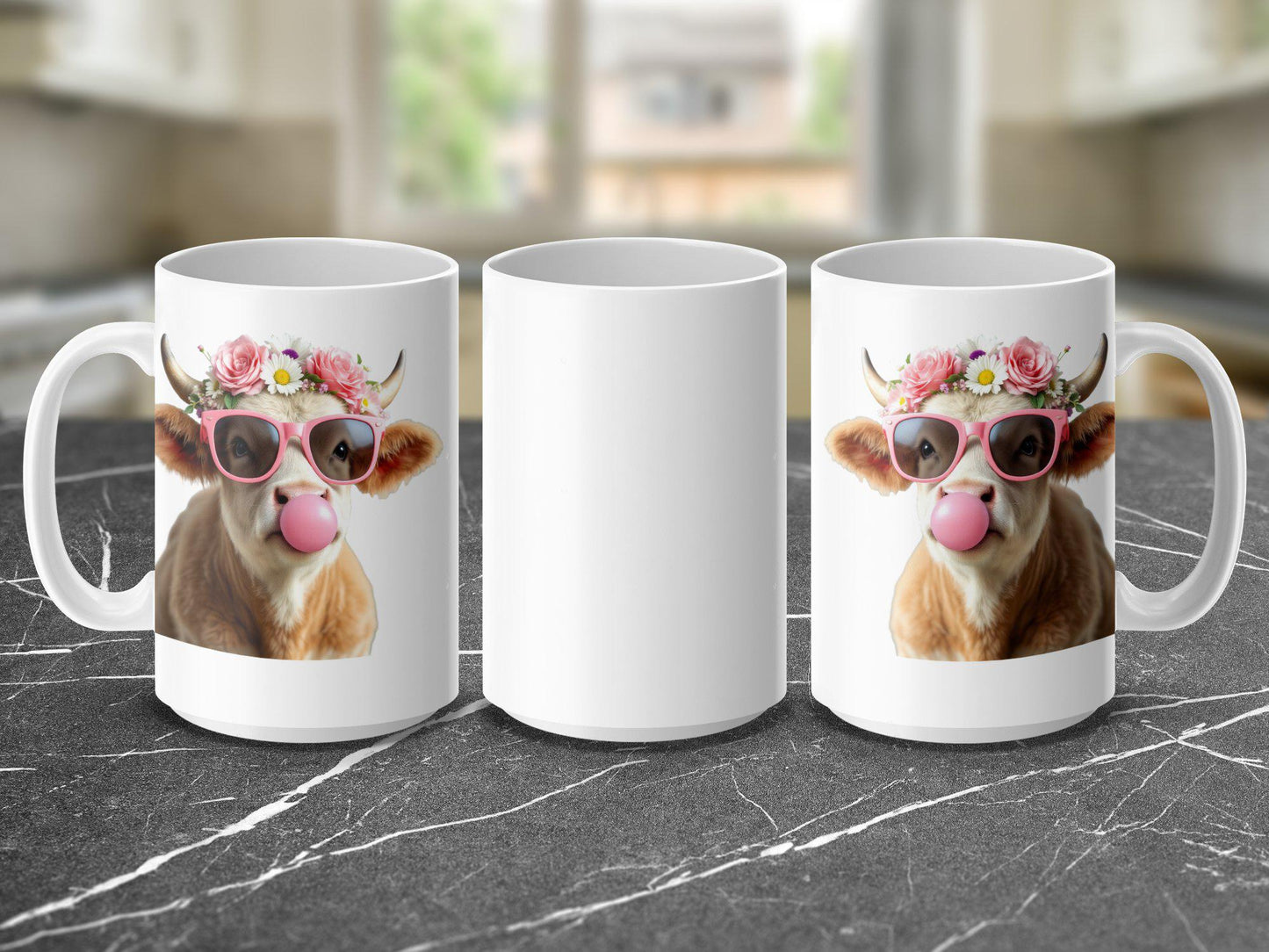 Flower Crown Baby Cow Mug, Bubblegum Art Coffee Cup, 11oz & 15oz Ceramic Mug, Adorable Farm Animal Gift