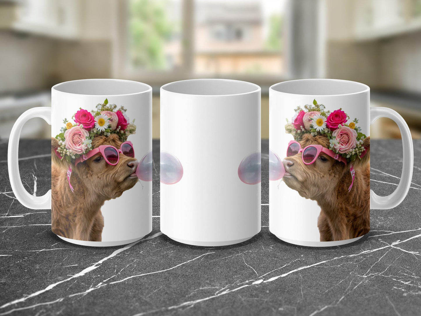 Highland Cow with Flower Crown Mug, Bubblegum Art Design, 11oz & 15oz Ceramic Mug, Farm Animal Coffee Cup