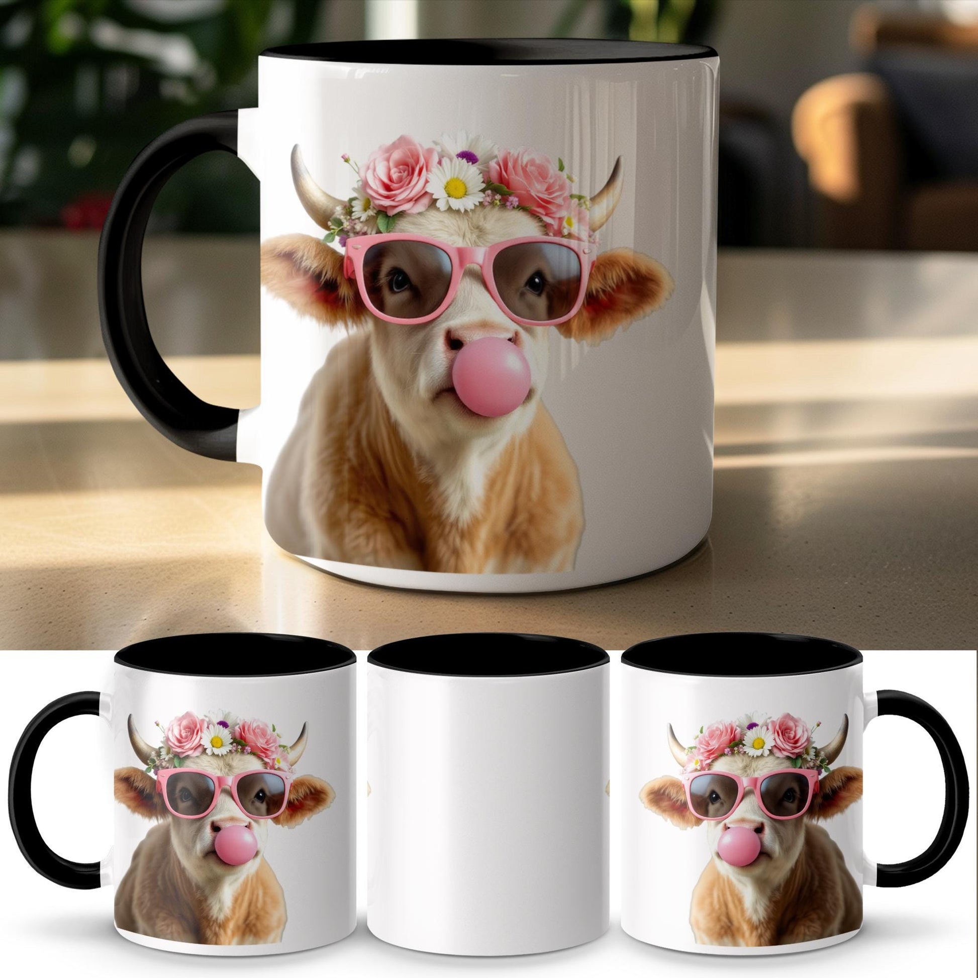 Flower Crown Baby Cow Mug, Bubblegum Art Coffee Cup, 11oz & 15oz Ceramic Mug, Adorable Farm Animal Gift