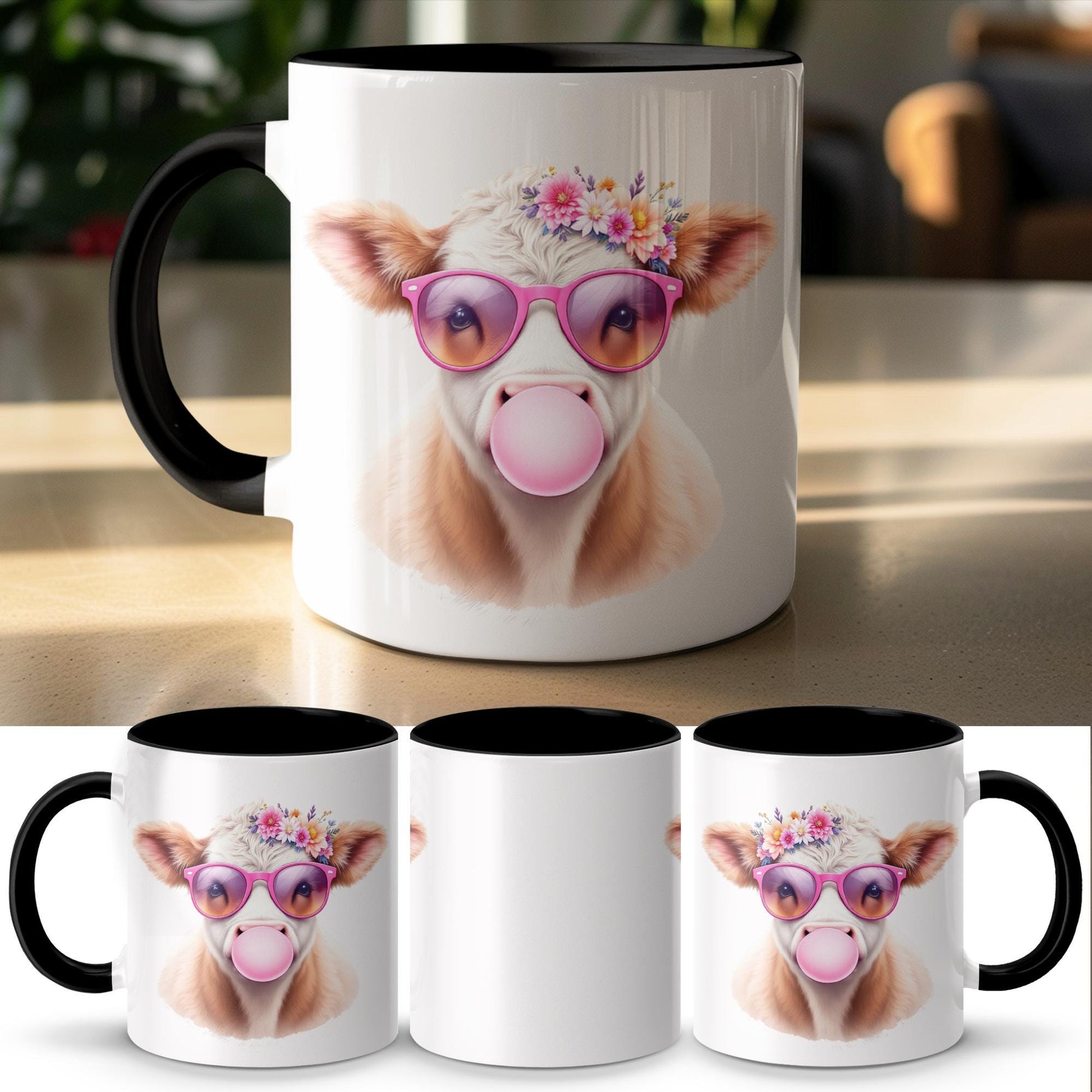 Floral Cow with Sunglasses Mug, Adorable Bubblegum Design, 11oz & 15oz Ceramic Mug, Fun Farm Animal Coffee Cup