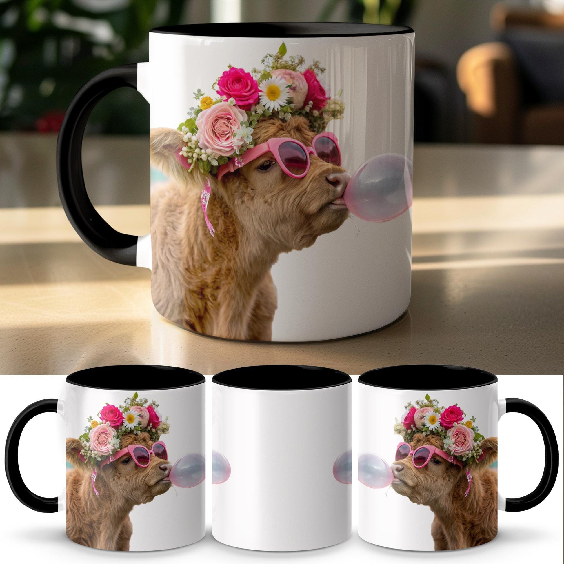 Highland Cow with Flower Crown Mug, Bubblegum Art Design, 11oz & 15oz Ceramic Mug, Farm Animal Coffee Cup