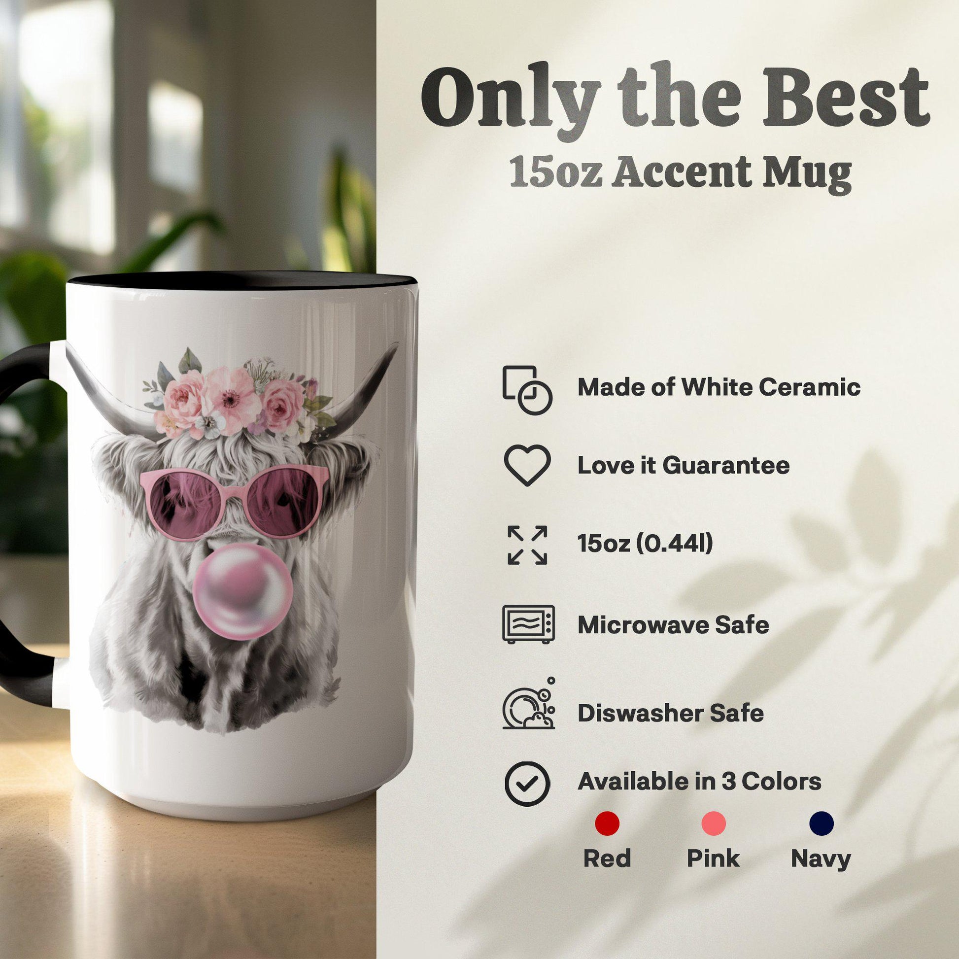 Highland Cow Mug with Flower Crown, Bubblegum Art Coffee Cup, 11oz & 15oz Ceramic Mug, Unique Farm Animal Gift