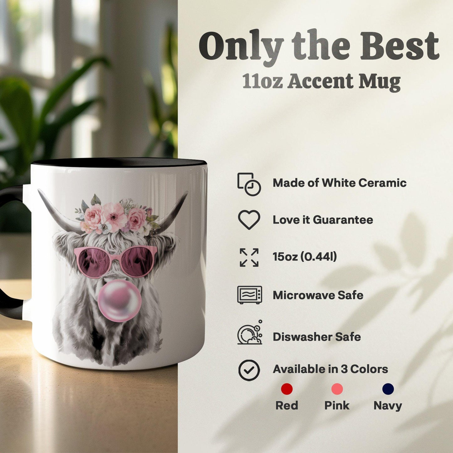 Highland Cow Mug with Flower Crown, Bubblegum Art Coffee Cup, 11oz & 15oz Ceramic Mug, Unique Farm Animal Gift