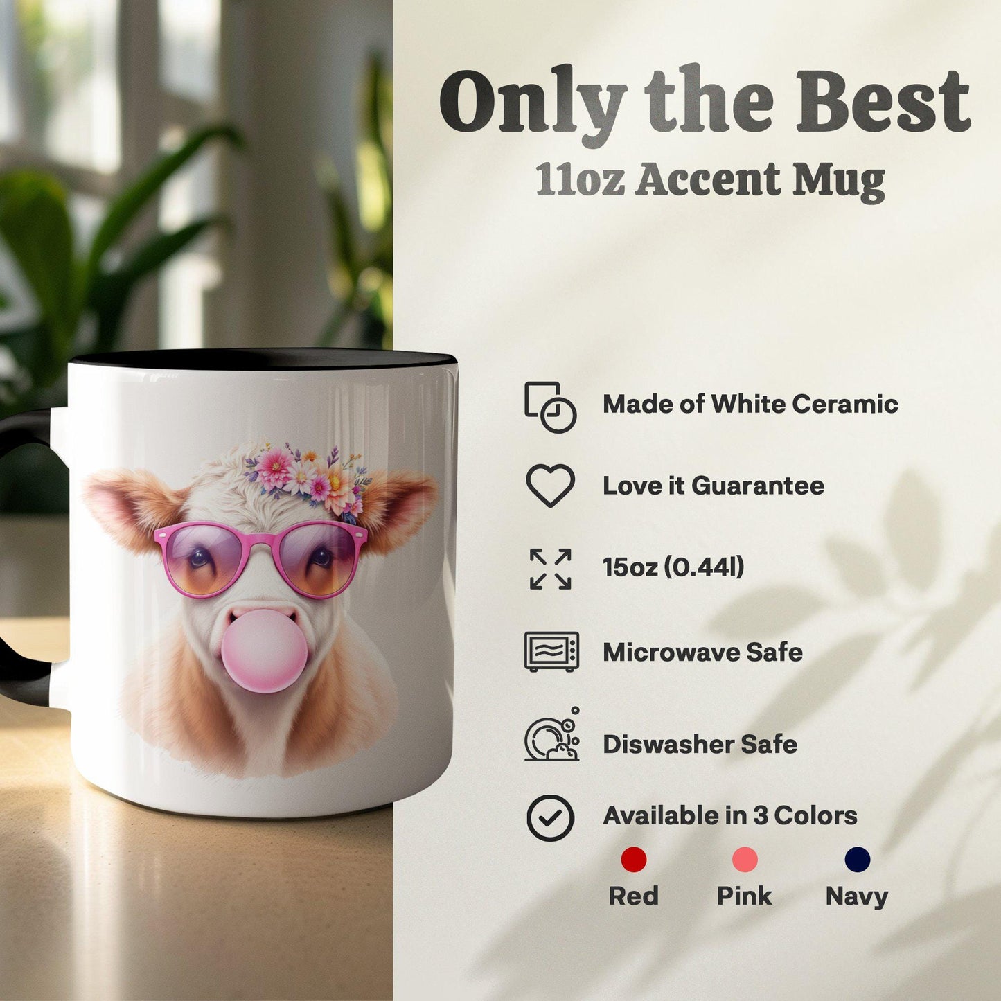 Floral Cow with Sunglasses Mug, Adorable Bubblegum Design, 11oz & 15oz Ceramic Mug, Fun Farm Animal Coffee Cup