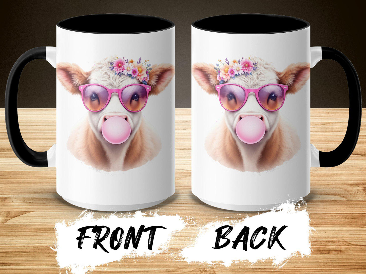 Floral Cow with Sunglasses Mug, Adorable Bubblegum Design, 11oz & 15oz Ceramic Mug, Fun Farm Animal Coffee Cup