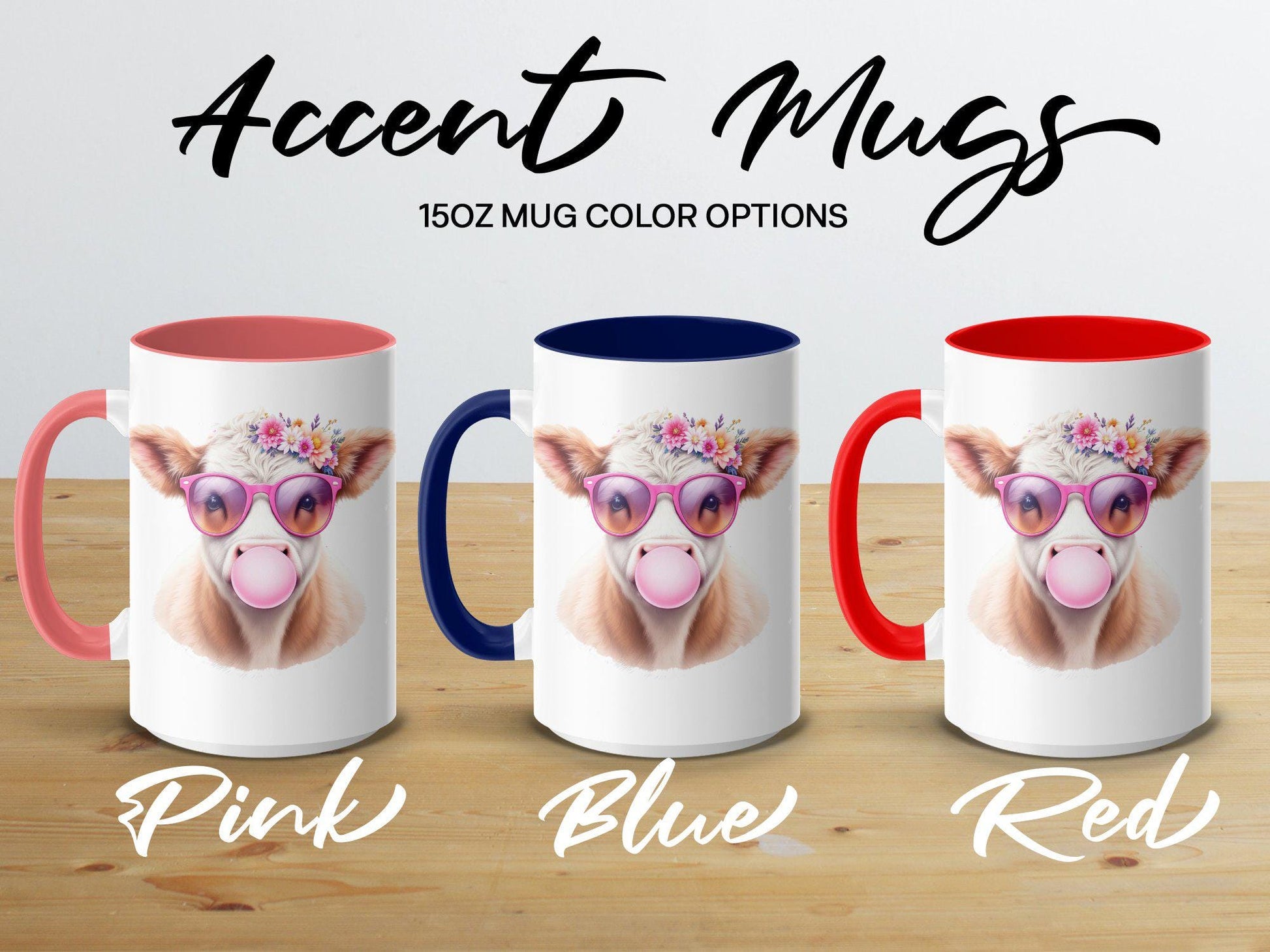 Floral Cow with Sunglasses Mug, Adorable Bubblegum Design, 11oz & 15oz Ceramic Mug, Fun Farm Animal Coffee Cup