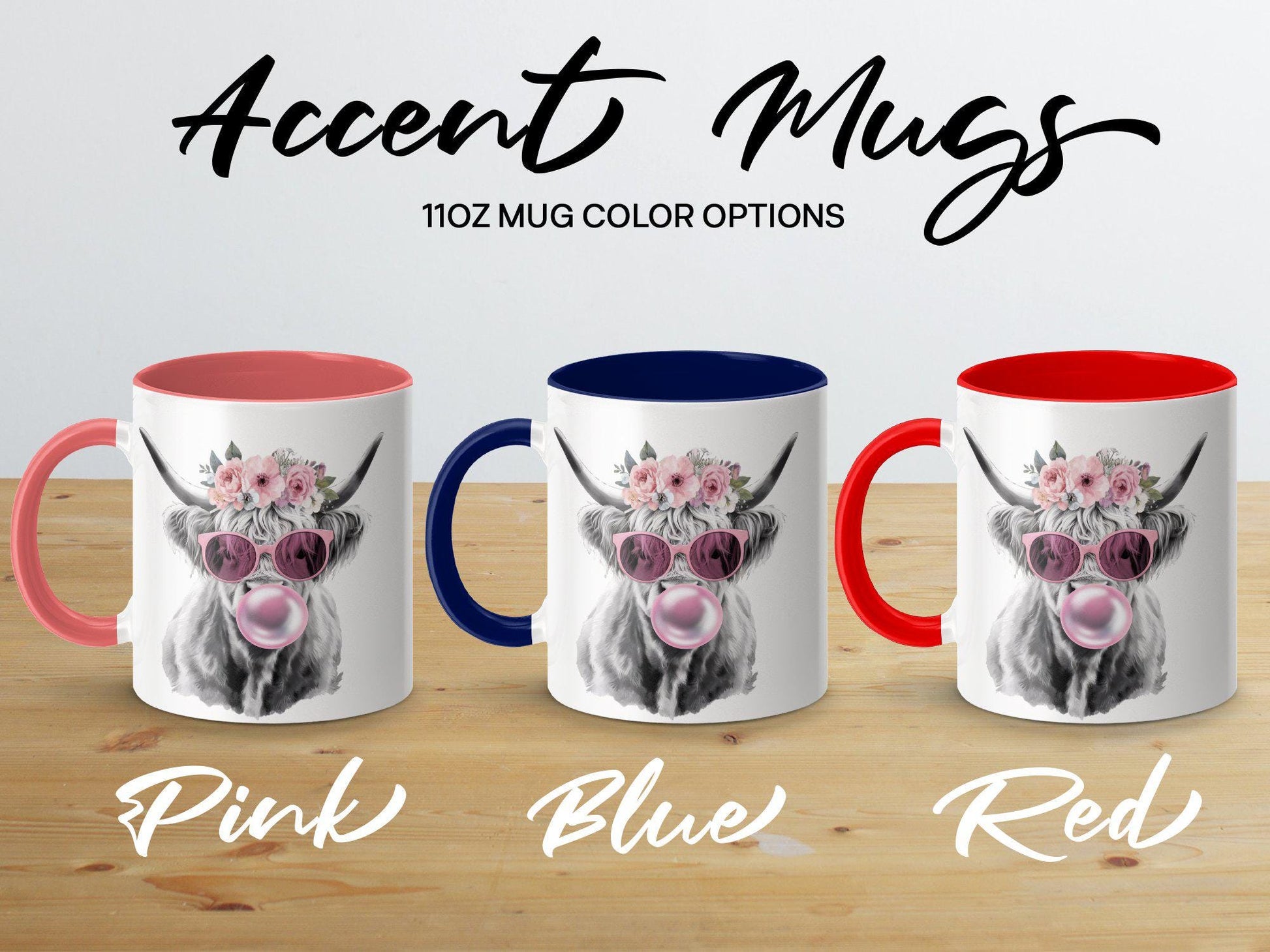 Highland Cow Mug with Flower Crown, Bubblegum Art Coffee Cup, 11oz & 15oz Ceramic Mug, Unique Farm Animal Gift