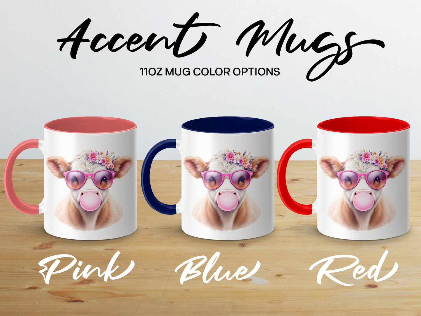 Floral Cow with Sunglasses Mug, Adorable Bubblegum Design, 11oz & 15oz Ceramic Mug, Fun Farm Animal Coffee Cup