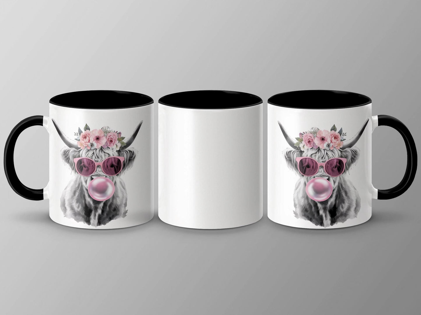 Highland Cow Mug with Flower Crown, Bubblegum Art Coffee Cup, 11oz & 15oz Ceramic Mug, Unique Farm Animal Gift