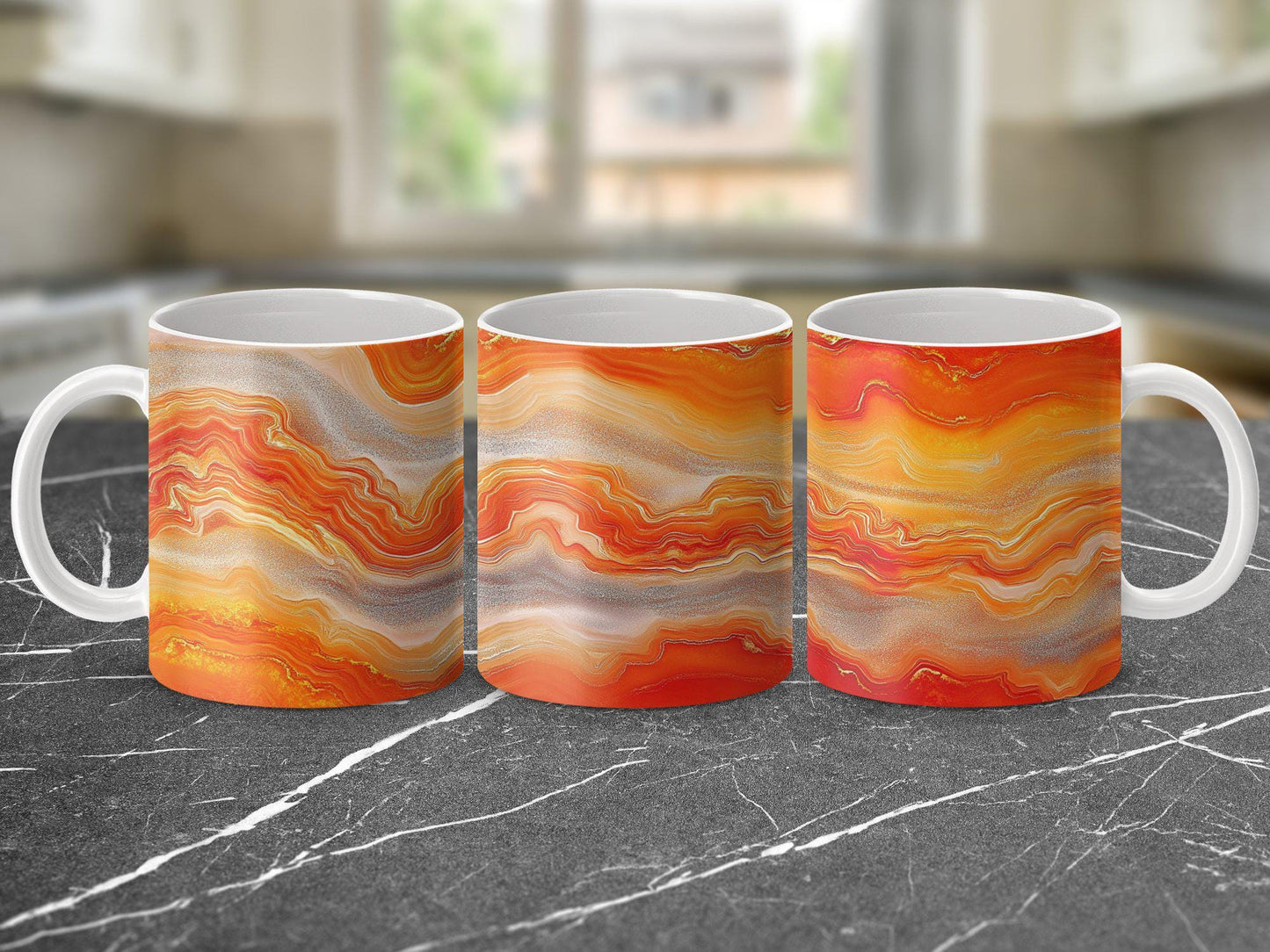 Orange Swirl Agate Wrap-Around Mug, 11oz & 15oz Ceramic Coffee Cup, Vibrant Gemstone Design, Artistic Gift