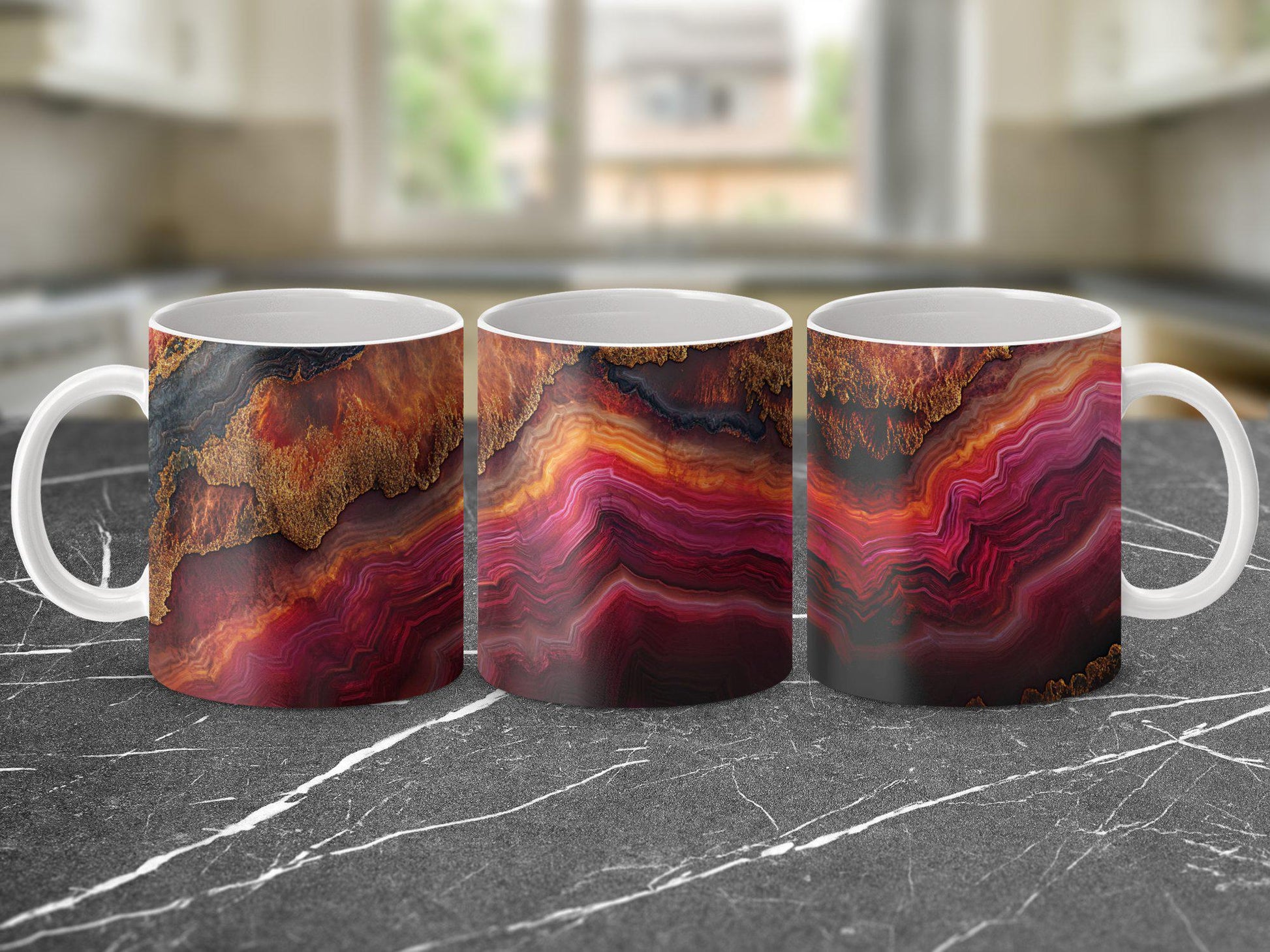 Fiery Agate Wrap-Around Mug, 11oz 15oz Ceramic Coffee Cup, Bold Geode Design with Rich Reds & Gold Accents, Unique Gift Idea