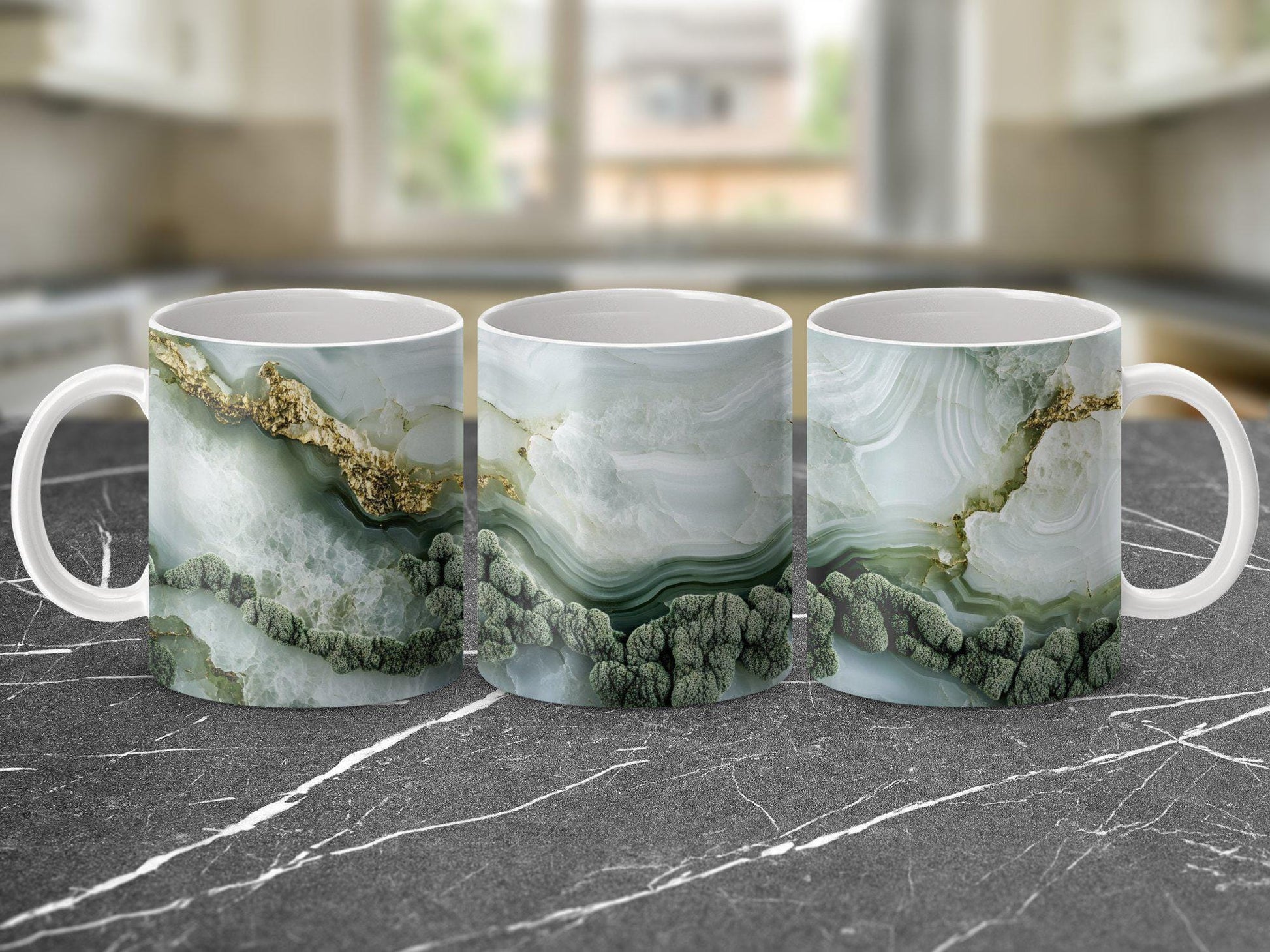 Emerald Agate Wrap-Around Mug, 11oz & 15oz Ceramic Coffee Cup, Nature-Inspired Green Geode Design, Unique Gift for Him or Her