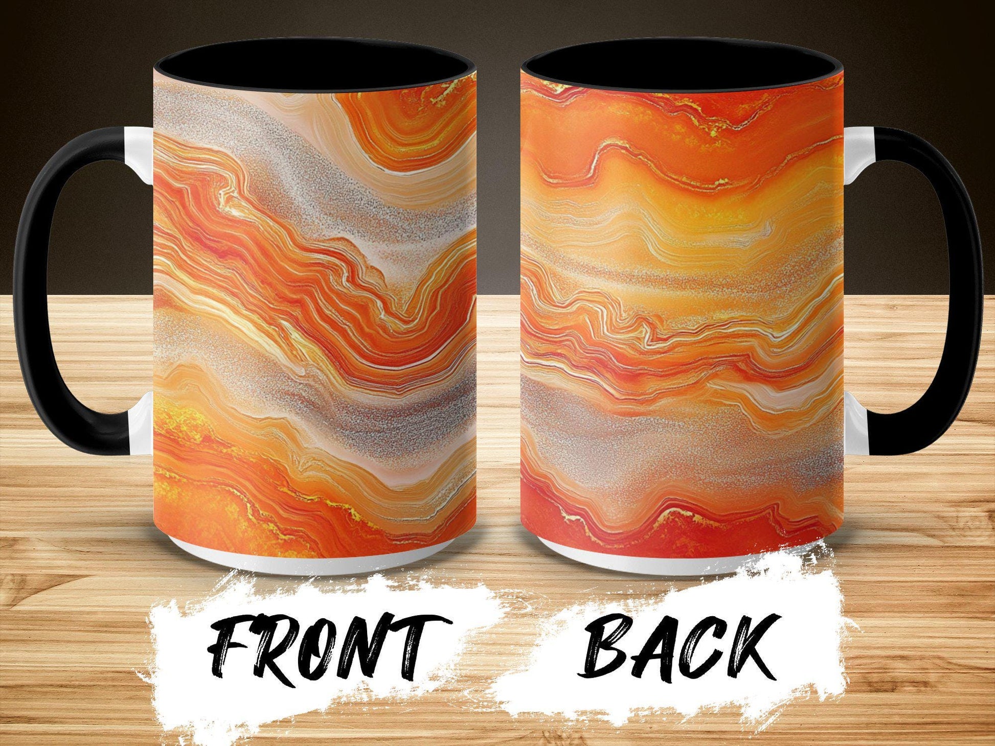 Orange Swirl Agate Wrap-Around Mug, 11oz & 15oz Ceramic Coffee Cup, Vibrant Gemstone Design, Artistic Gift