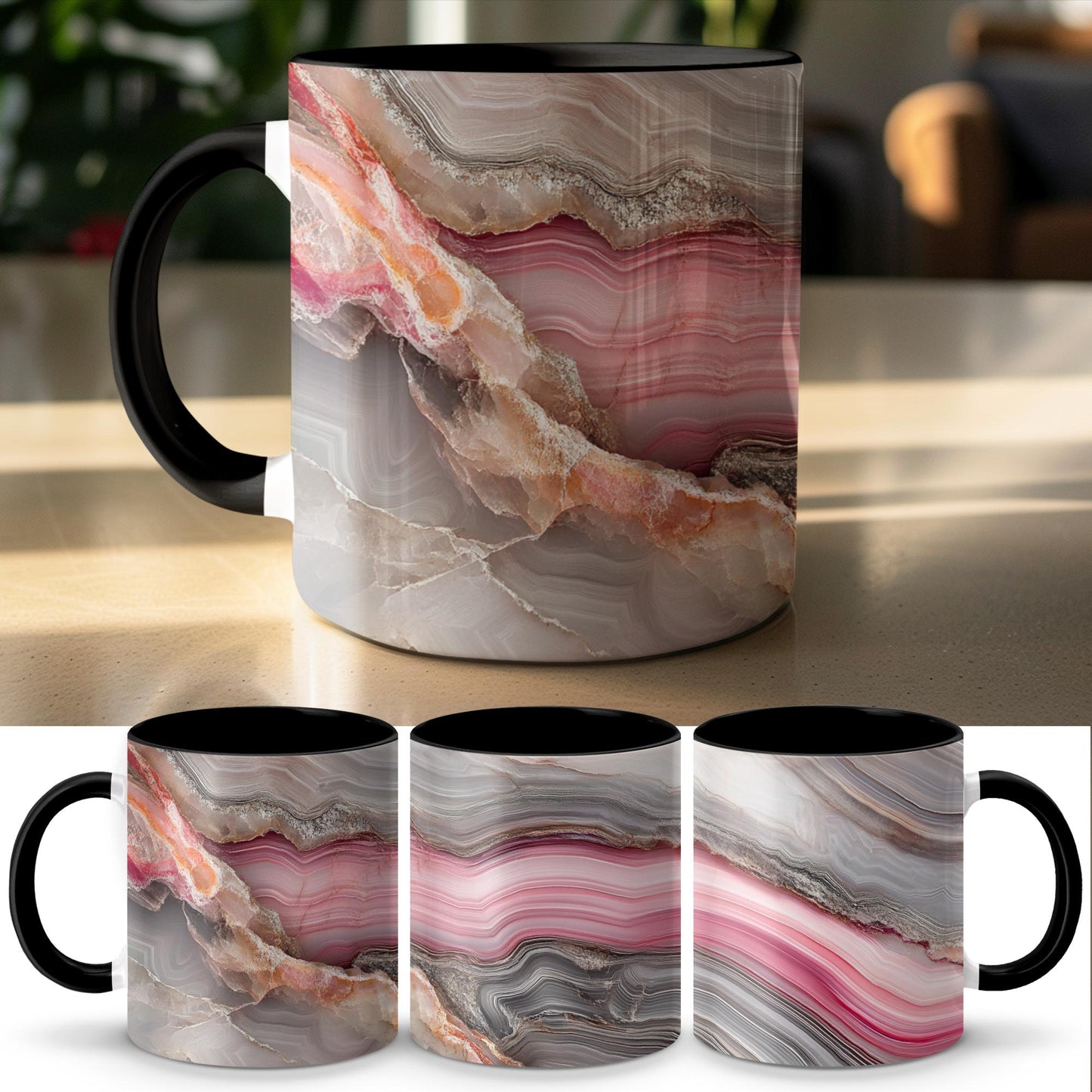 Pink Elegance Agate Wrap-Around Mug, 11oz & 15oz Ceramic Coffee Cup, Soft Pastel Hues, Artistic Gift Idea