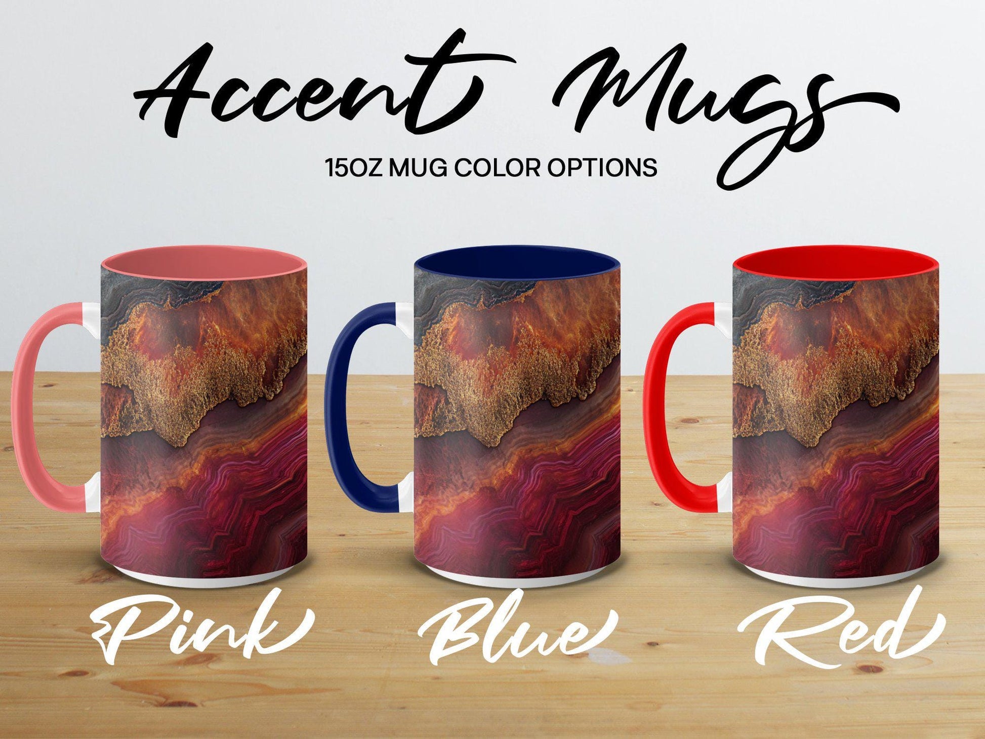 Fiery Agate Wrap-Around Mug, 11oz 15oz Ceramic Coffee Cup, Bold Geode Design with Rich Reds & Gold Accents, Unique Gift Idea