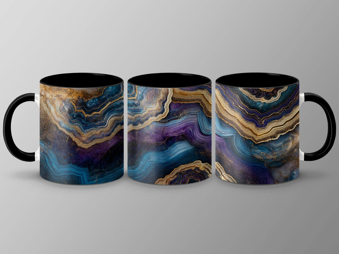 Blue & Gold Agate Wrap-Around Mug, 11oz 15oz Ceramic Coffee Cup, Stunning Swirl Design, Artistic Gift