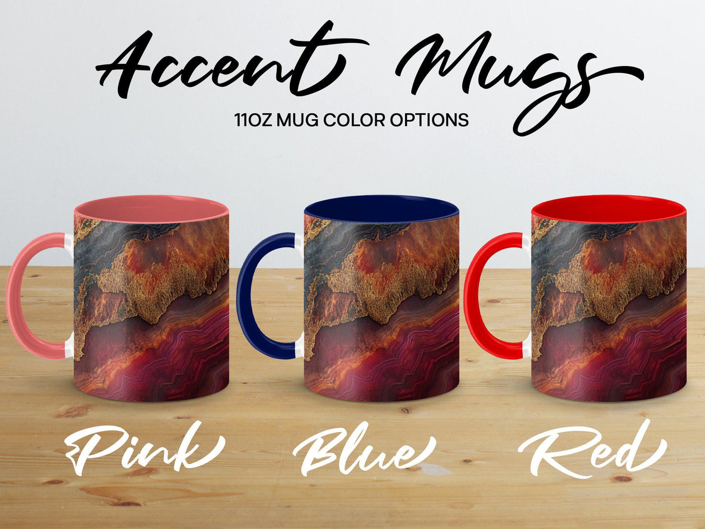 Fiery Agate Wrap-Around Mug, 11oz 15oz Ceramic Coffee Cup, Bold Geode Design with Rich Reds & Gold Accents, Unique Gift Idea