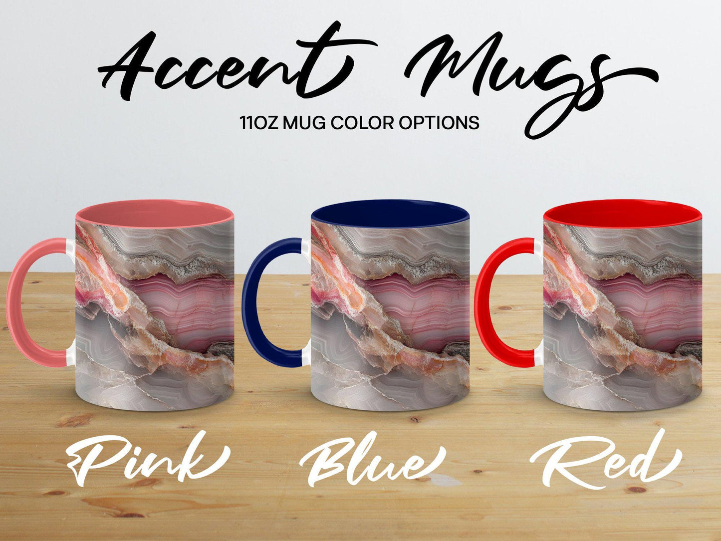 Pink Elegance Agate Wrap-Around Mug, 11oz & 15oz Ceramic Coffee Cup, Soft Pastel Hues, Artistic Gift Idea