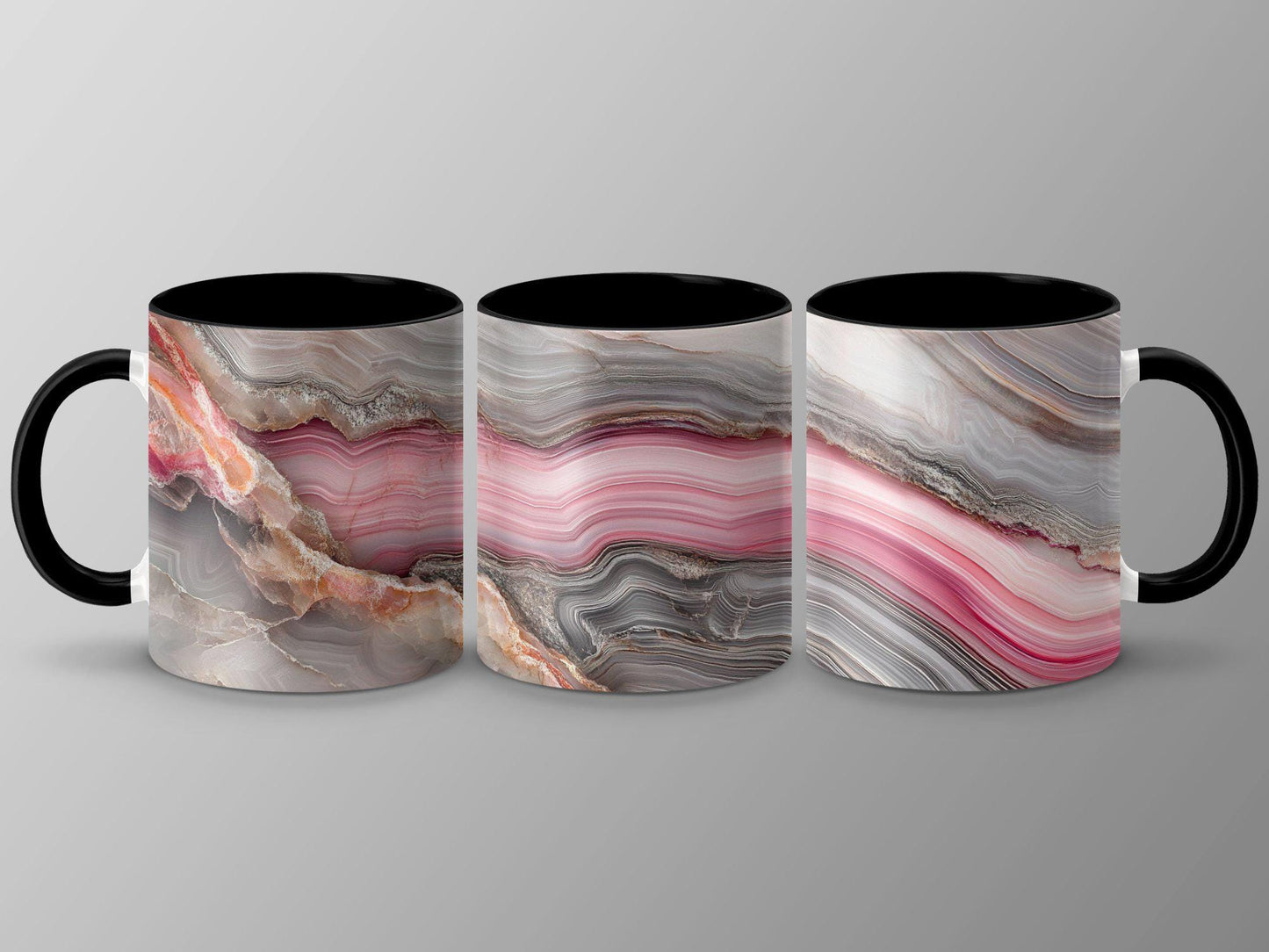 Pink Elegance Agate Wrap-Around Mug, 11oz & 15oz Ceramic Coffee Cup, Soft Pastel Hues, Artistic Gift Idea