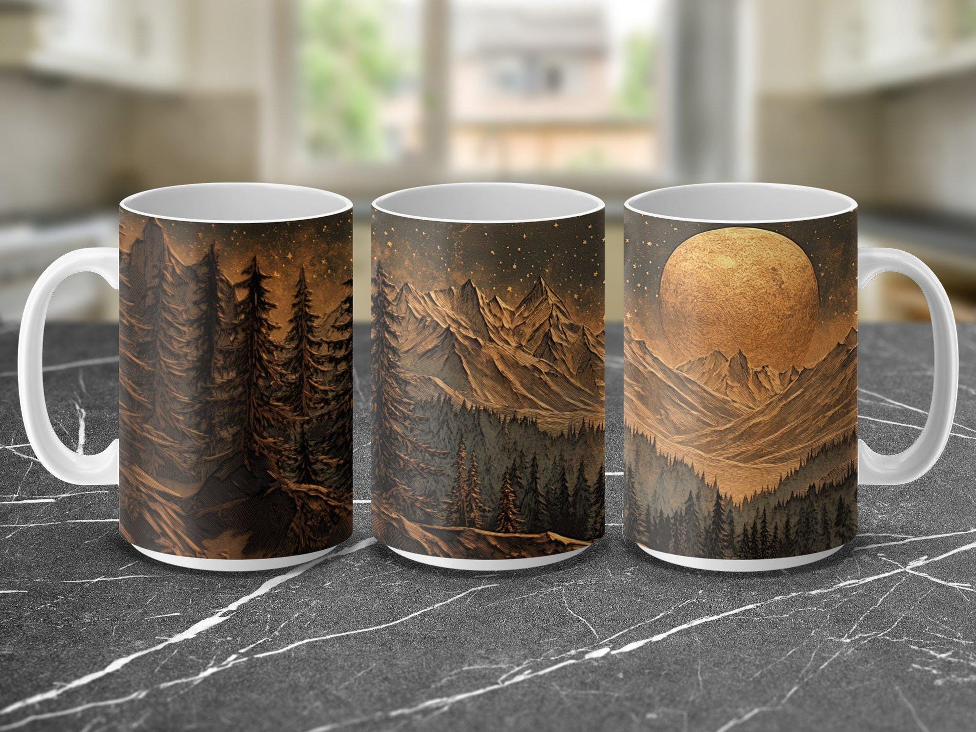 Mountain Moonlit Forest Mug, 11oz & 15oz Ceramic Wrap-Around Coffee Cup, Artistic Woodcut-Style Design