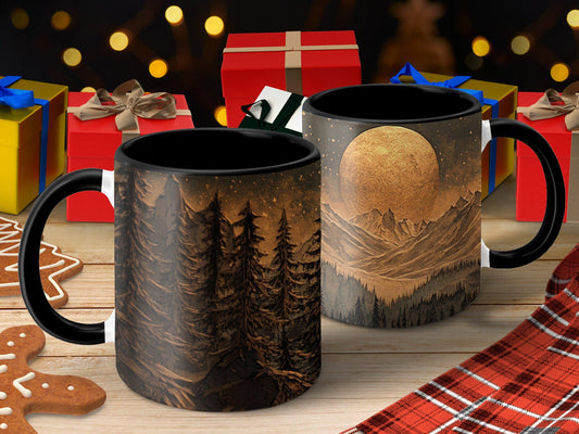 Mountain Moonlit Forest Mug, 11oz & 15oz Ceramic Wrap-Around Coffee Cup, Artistic Woodcut-Style Design