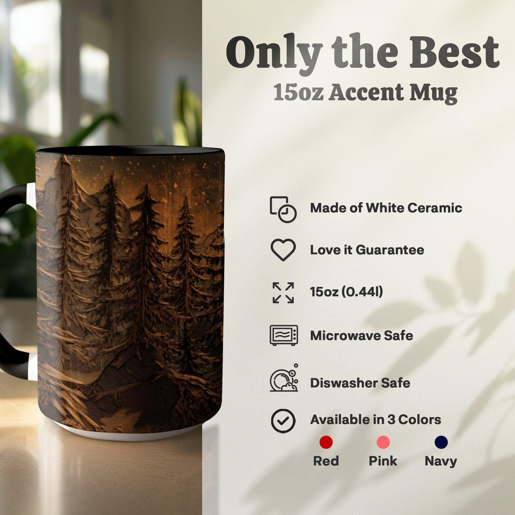 Mountain Moonlit Forest Mug, 11oz & 15oz Ceramic Wrap-Around Coffee Cup, Artistic Woodcut-Style Design