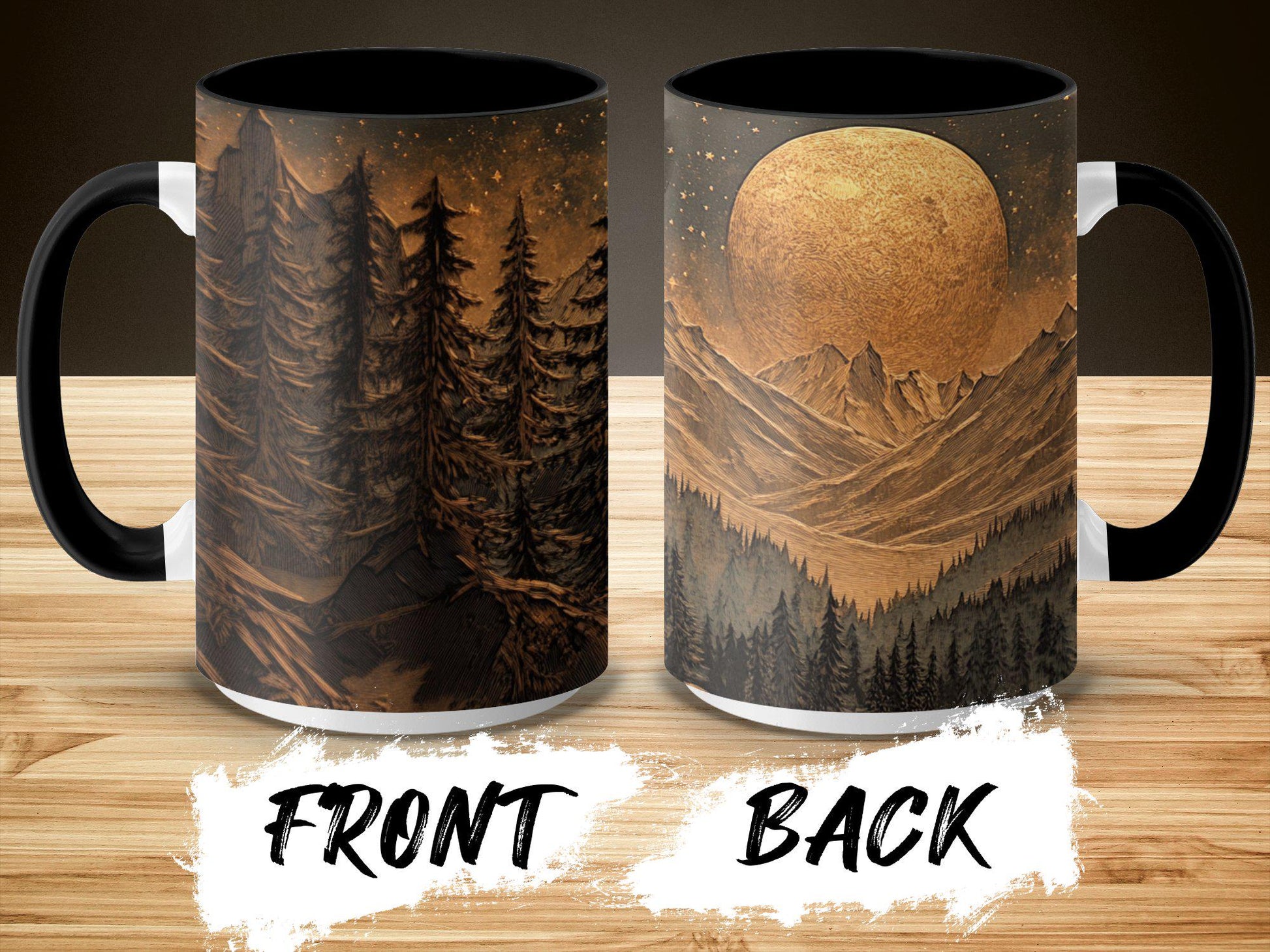 Mountain Moonlit Forest Mug, 11oz & 15oz Ceramic Wrap-Around Coffee Cup, Artistic Woodcut-Style Design