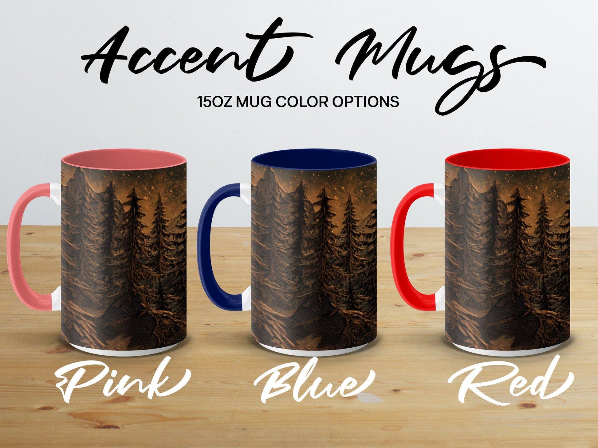 Mountain Moonlit Forest Mug, 11oz & 15oz Ceramic Wrap-Around Coffee Cup, Artistic Woodcut-Style Design