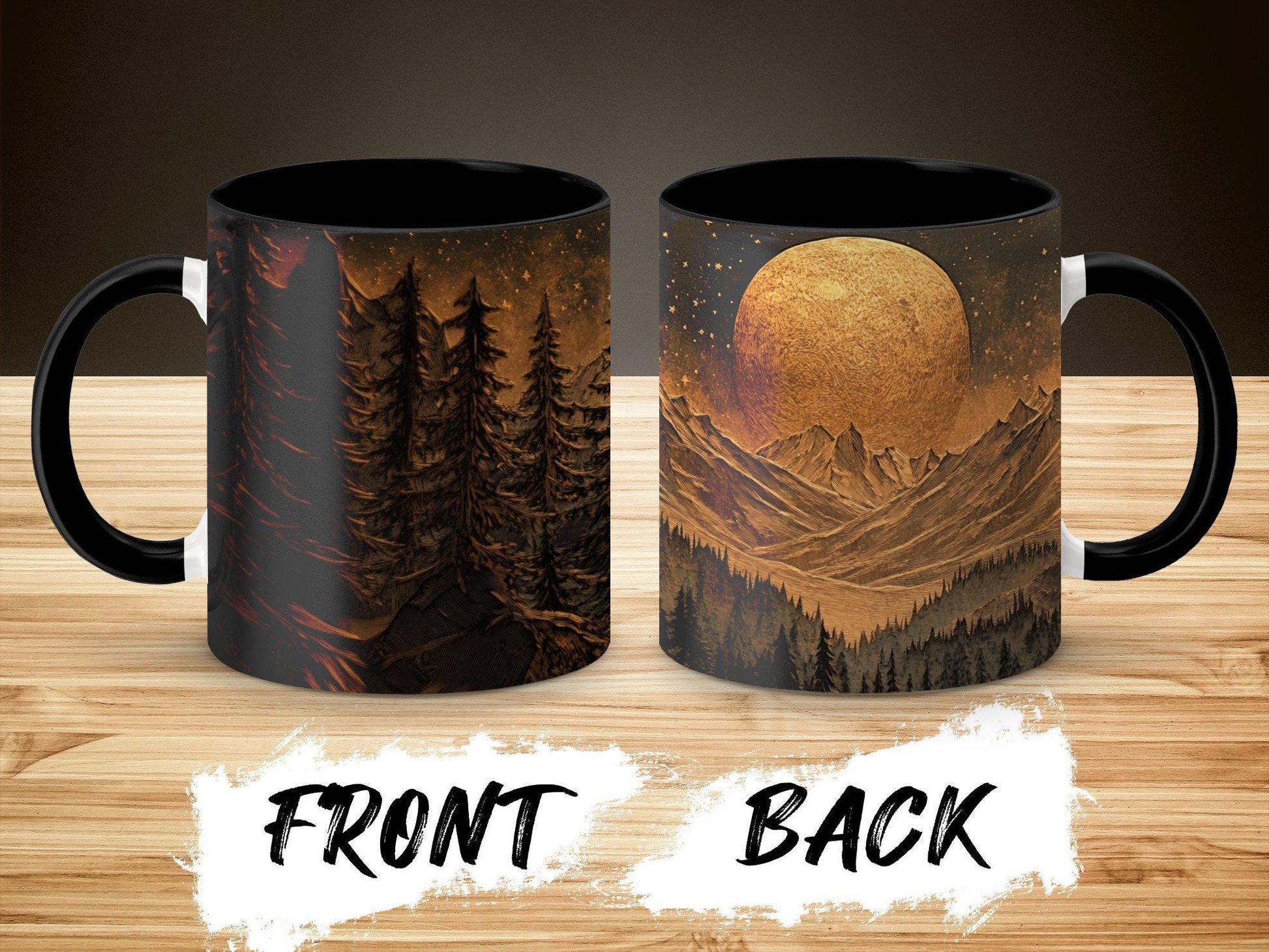 Mountain Moonlit Forest Mug, 11oz & 15oz Ceramic Wrap-Around Coffee Cup, Artistic Woodcut-Style Design