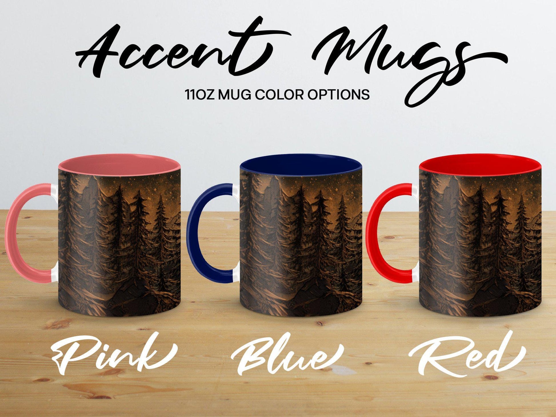 Mountain Moonlit Forest Mug, 11oz & 15oz Ceramic Wrap-Around Coffee Cup, Artistic Woodcut-Style Design