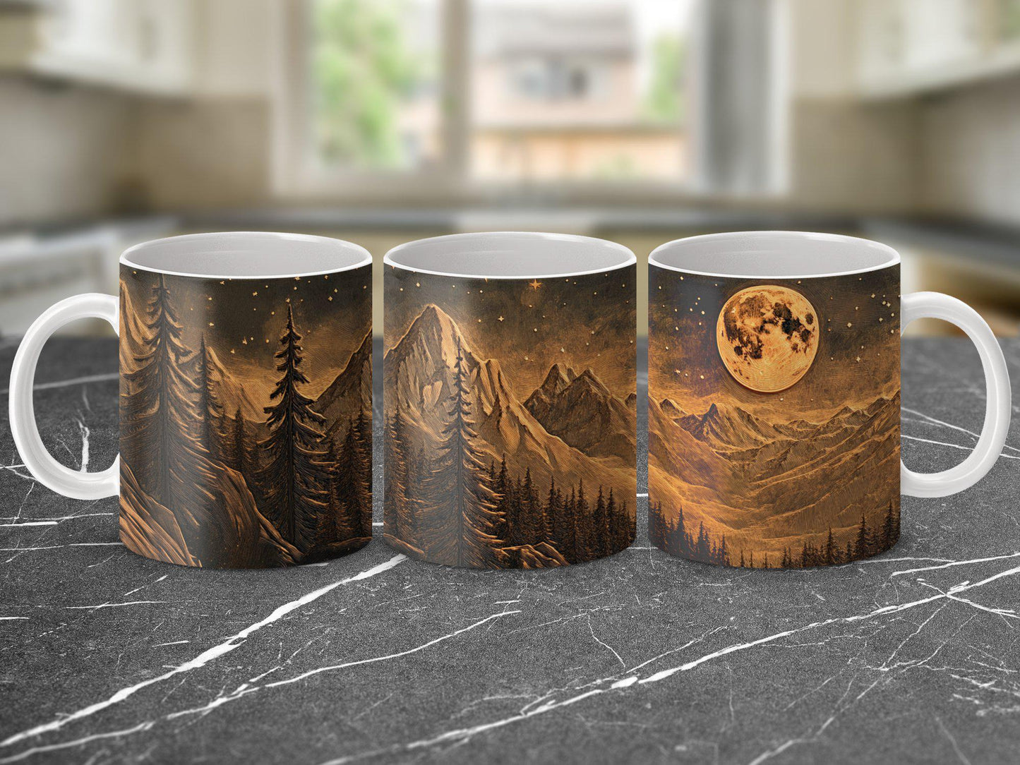 Mountain Moonlight Ceramic Mug, Artistic Woodcut Design, Wrap-Around Landscape Coffee Cup, 11oz & 15oz