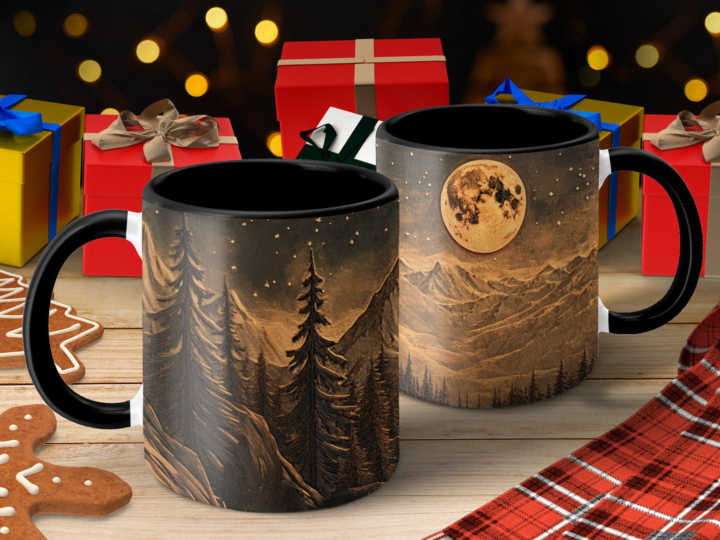 Mountain Moonlight Ceramic Mug, Artistic Woodcut Design, Wrap-Around Landscape Coffee Cup, 11oz & 15oz