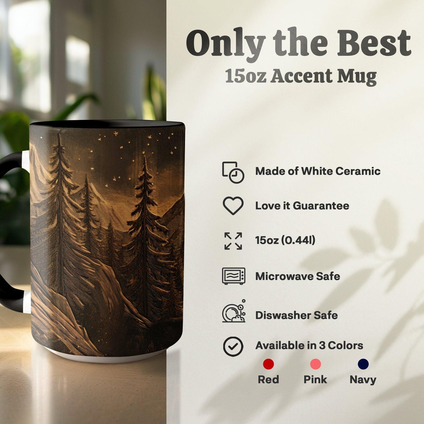 Mountain Moonlight Ceramic Mug, Artistic Woodcut Design, Wrap-Around Landscape Coffee Cup, 11oz & 15oz