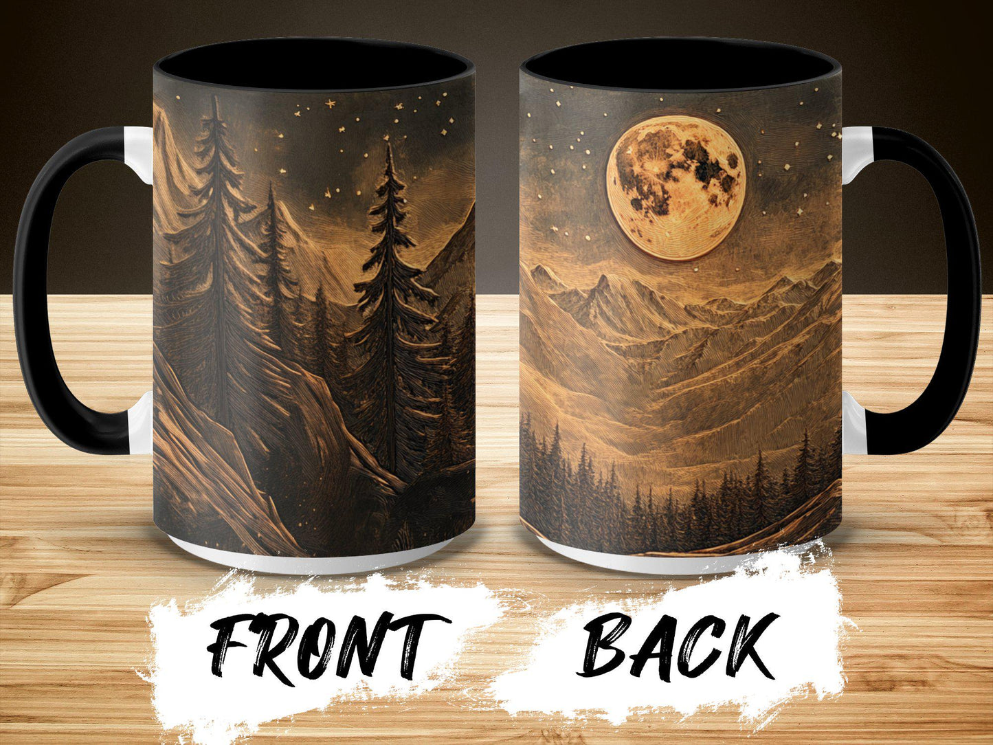 Mountain Moonlight Ceramic Mug, Artistic Woodcut Design, Wrap-Around Landscape Coffee Cup, 11oz & 15oz