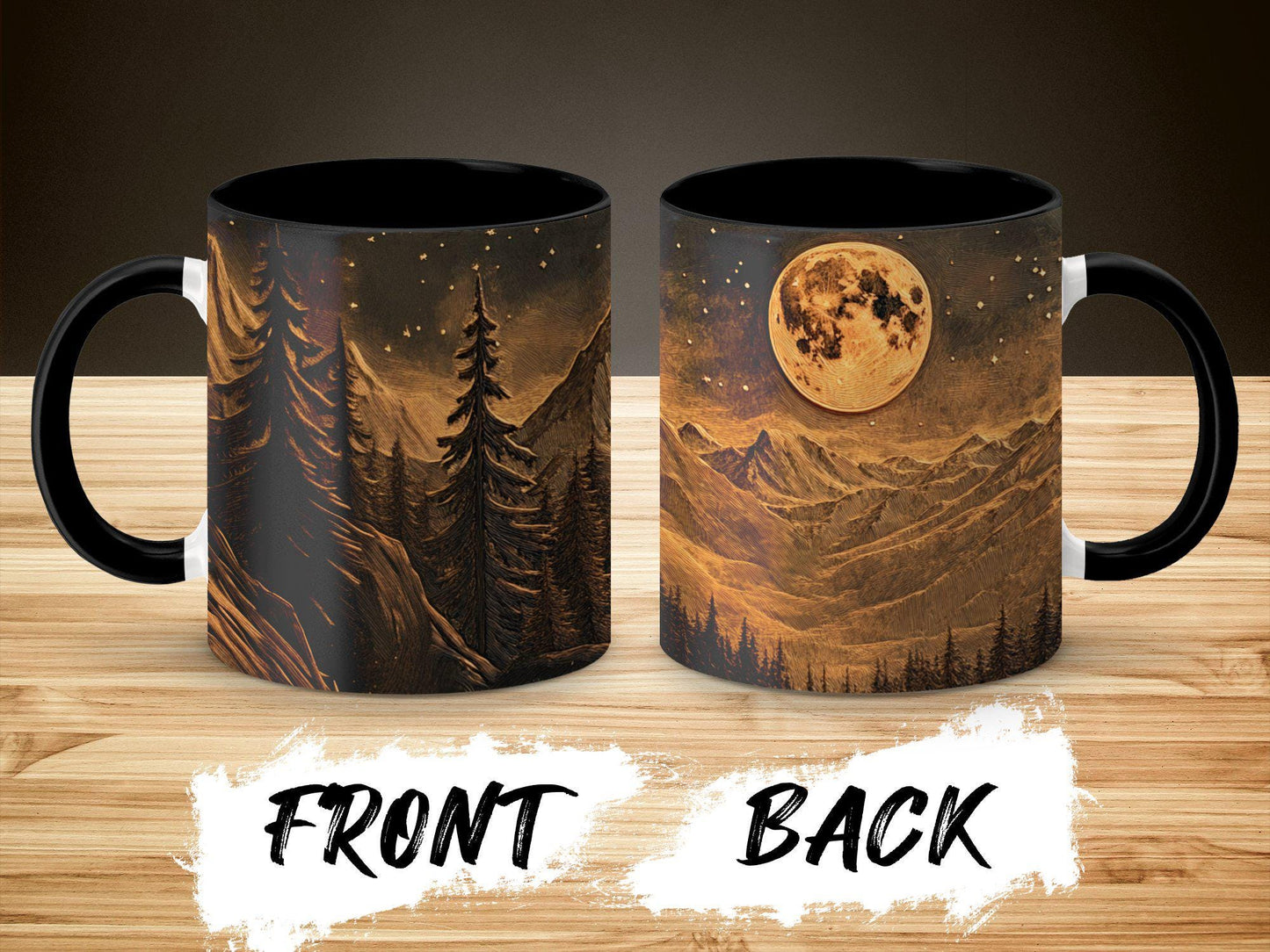 Mountain Moonlight Ceramic Mug, Artistic Woodcut Design, Wrap-Around Landscape Coffee Cup, 11oz & 15oz