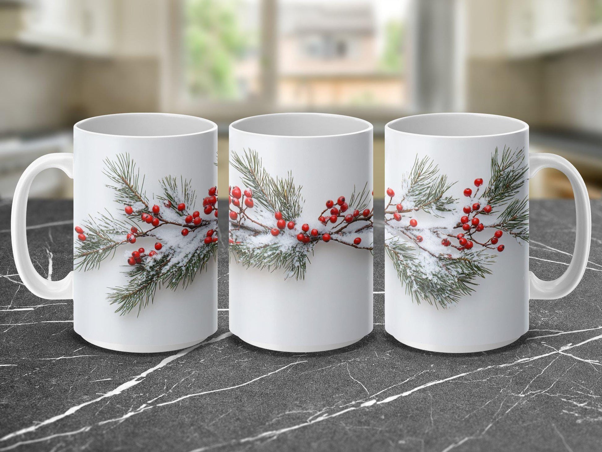 Winter Evergreen and Berries Mug, Snowy Wrap Design, Ceramic Coffee Cup, 11oz & 15oz