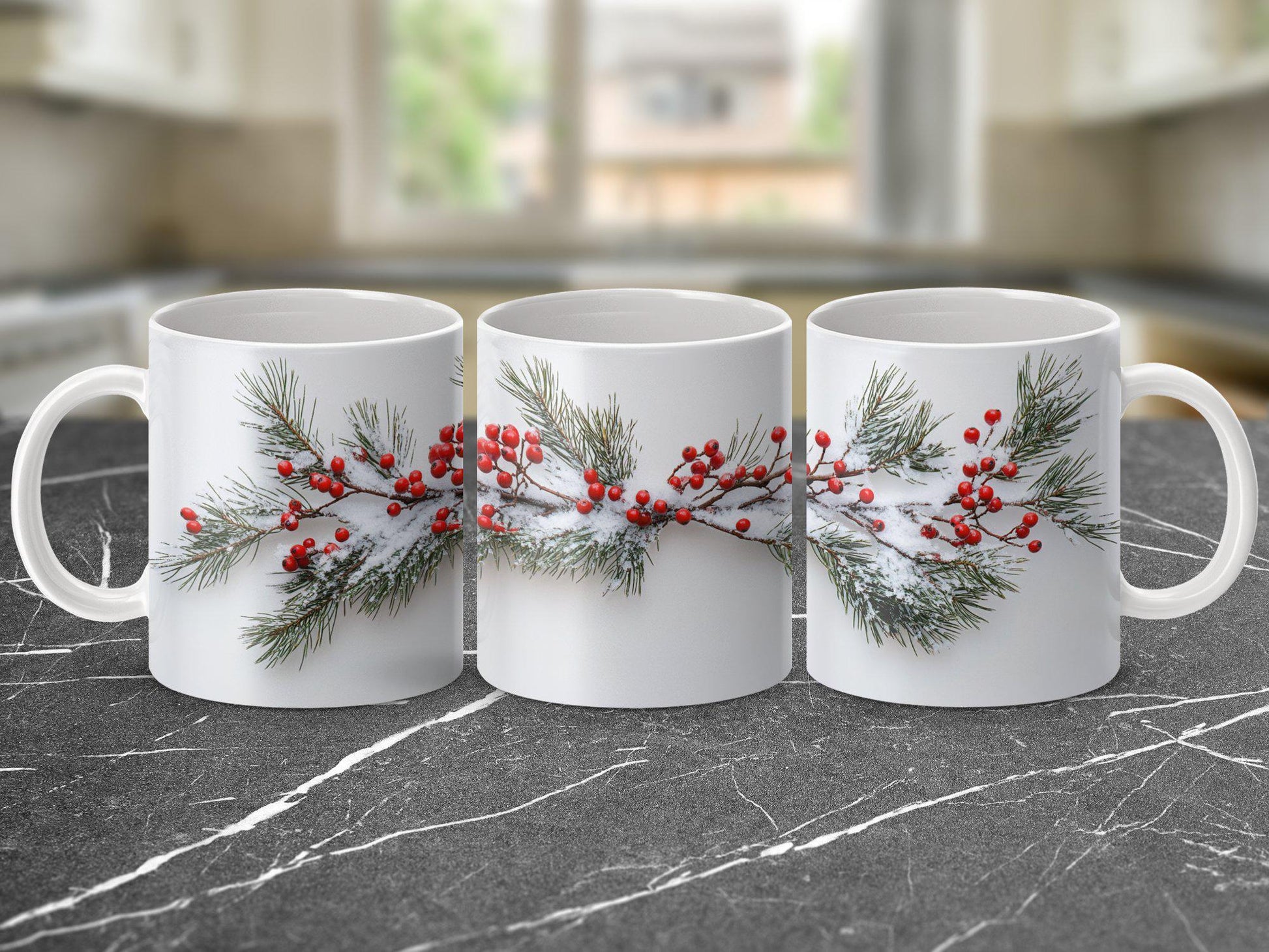 Winter Evergreen and Berries Mug, Snowy Wrap Design, Ceramic Coffee Cup, 11oz & 15oz