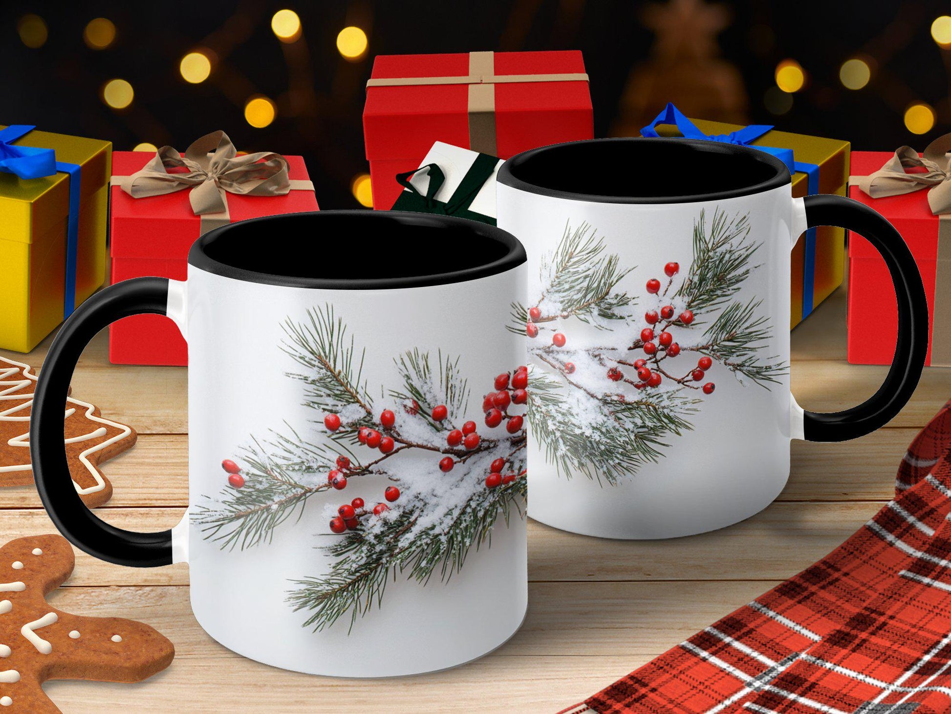 Winter Evergreen and Berries Mug, Snowy Wrap Design, Ceramic Coffee Cup, 11oz & 15oz