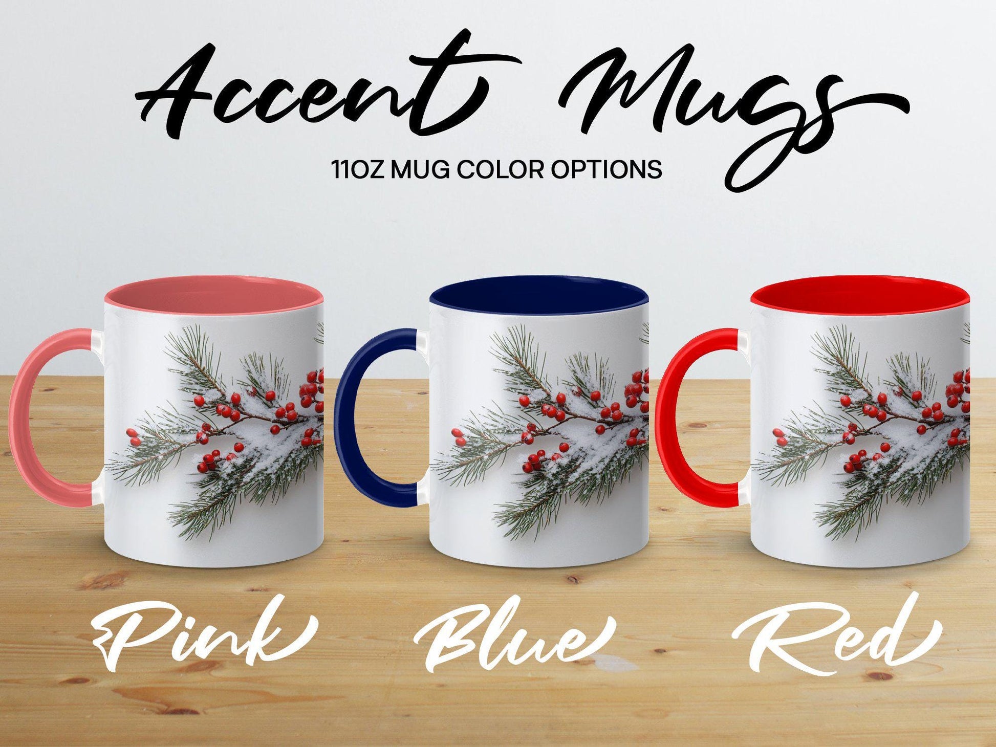 Winter Evergreen and Berries Mug, Snowy Wrap Design, Ceramic Coffee Cup, 11oz & 15oz