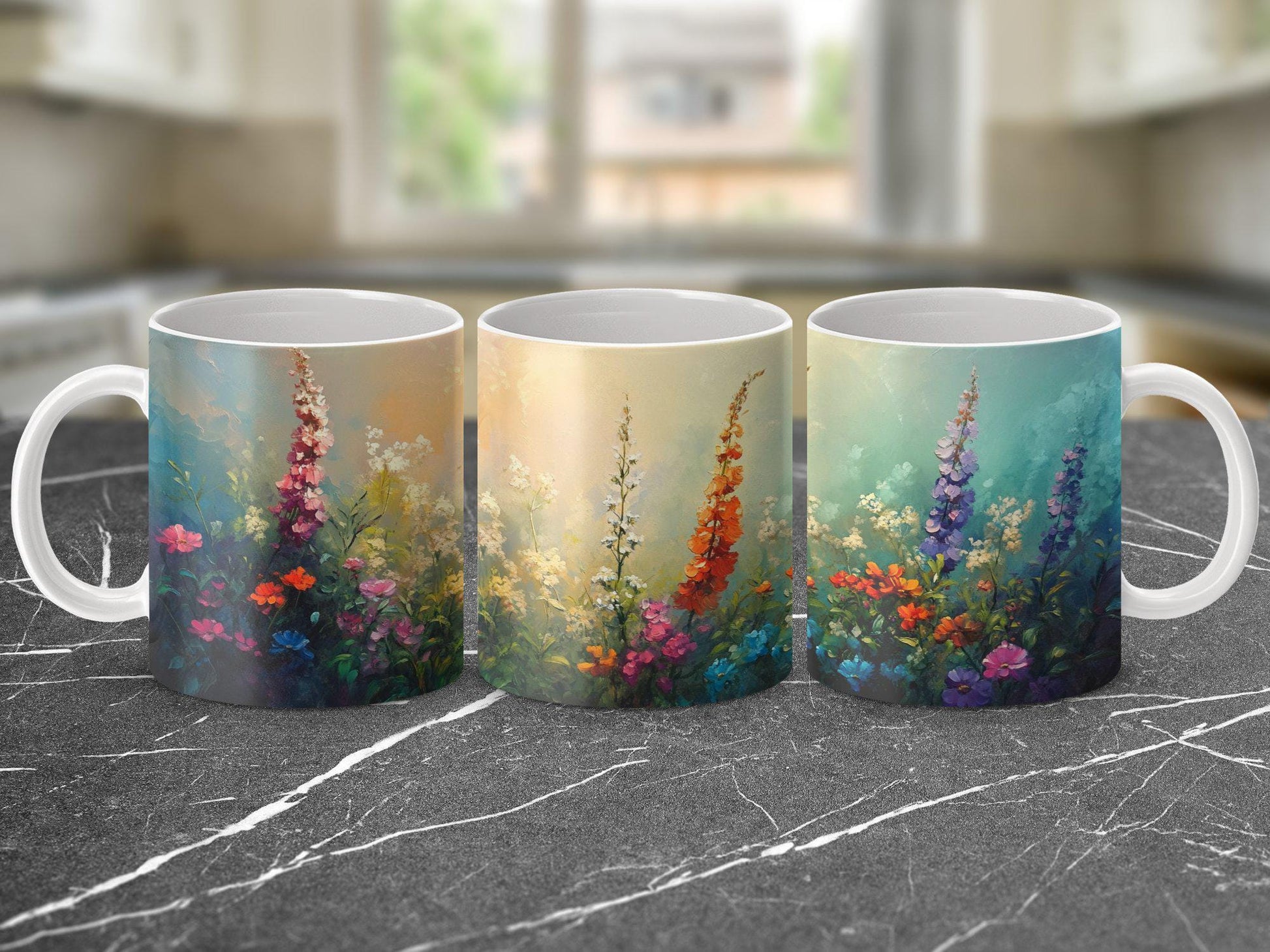 Colorful floral garden mug, Bright flower artwork mug, Vibrant nature inspired coffee mug, Unique artistic tea mug, Spring bloom cup