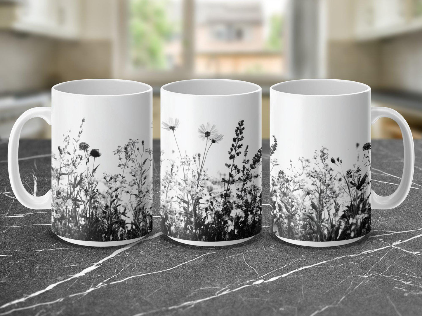 Wildflower Design Mug, Vintage Floral Coffee Mug, Black and White Botanical Print, Unique Gift for Nature Lovers, Tea Cup, Home Decor