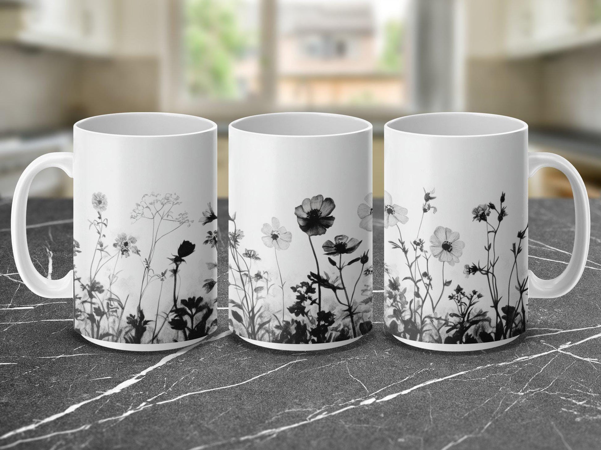 Black and White Floral Mug, Wildflower Sketch Coffee Cup, Botanical Art Tea Mug, Nature Inspired Flower Mug, Unique Gift Idea for Her