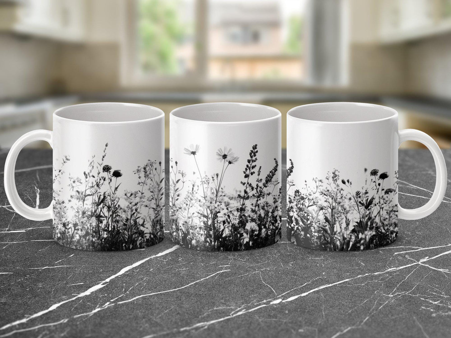 Wildflower Design Mug, Vintage Floral Coffee Mug, Black and White Botanical Print, Unique Gift for Nature Lovers, Tea Cup, Home Decor