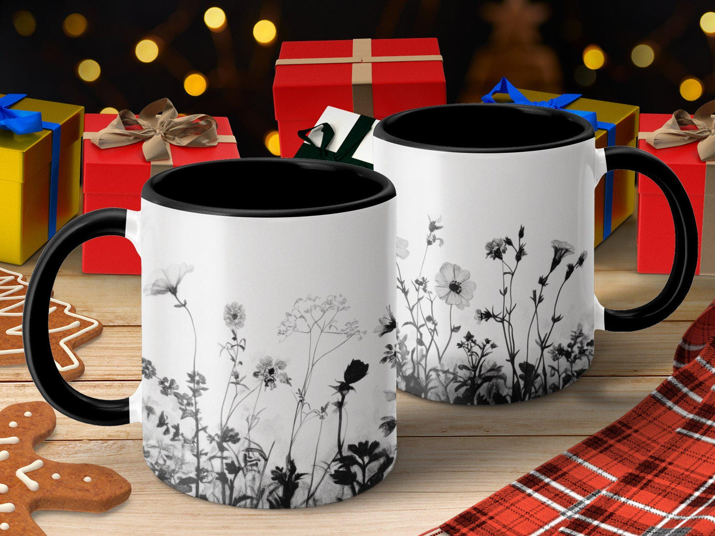 Black and White Floral Mug, Wildflower Sketch Coffee Cup, Botanical Art Tea Mug, Nature Inspired Flower Mug, Unique Gift Idea for Her