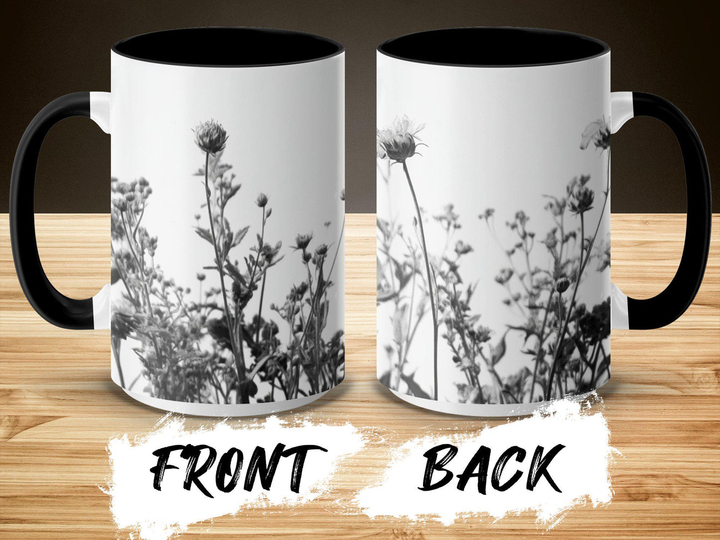 Black and White Floral Mug, Botanical Art Coffee Cup, Unique Flower Design Mug, Monochrome Mug for Nature Lovers, Gift for Plant Enthusiasts